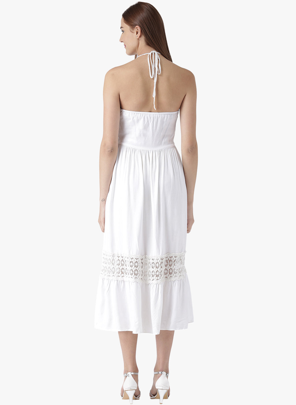 Women's White Halter Neck Midi Dress with Crochet Lace Detailing