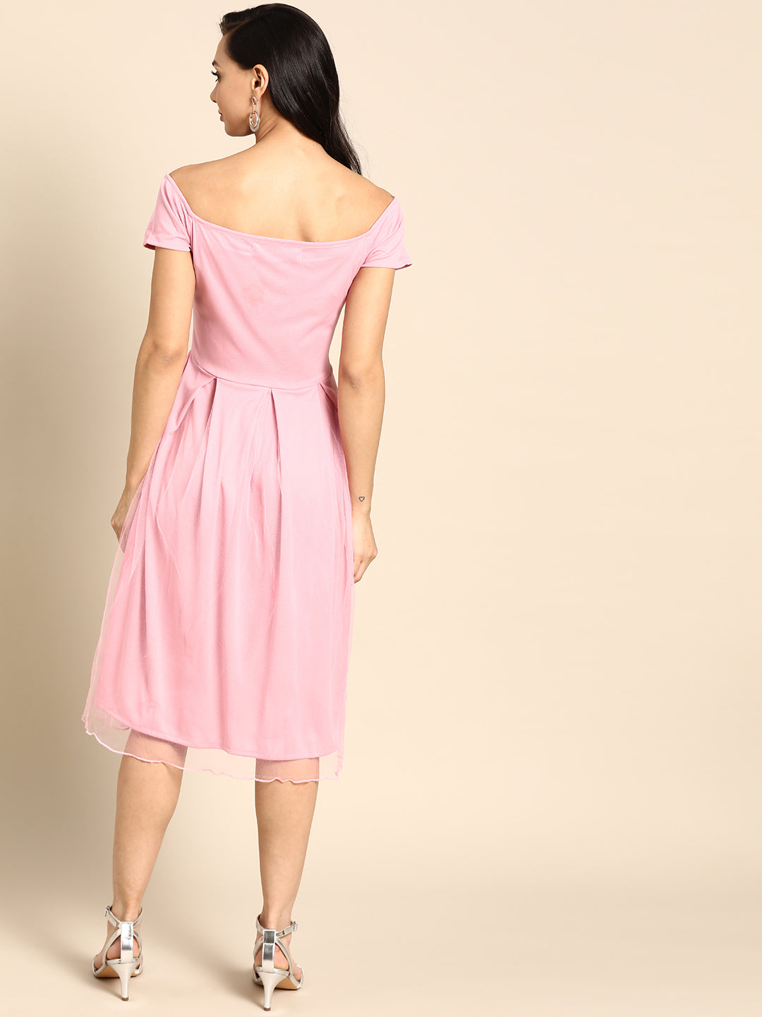Elegant Pink Midi Dress for Women | Short Sleeve Fit and Flare Party Wear Outfit