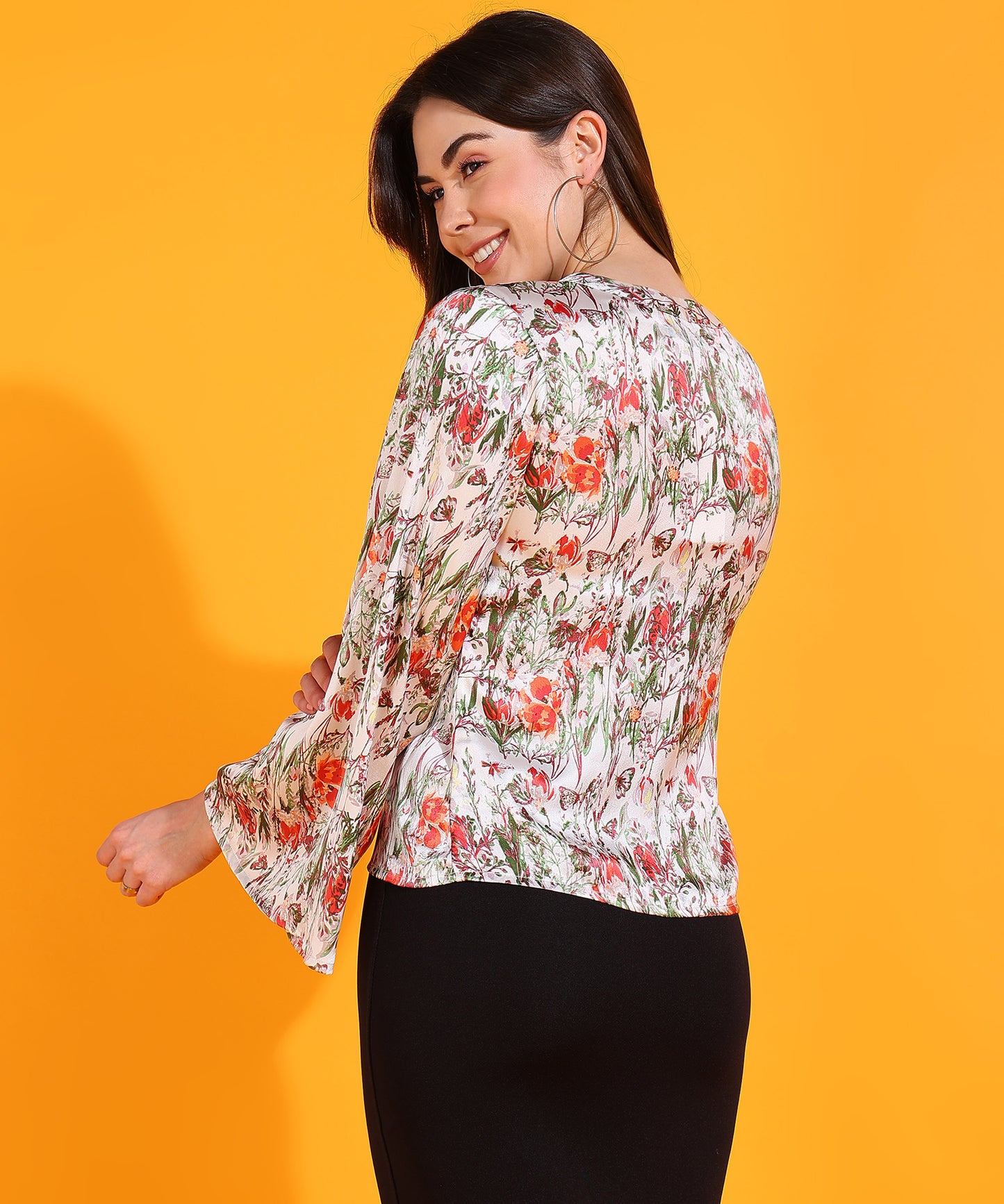 Floral Satin Button-Down Top with Flared Sleeves – Casual & Office Wear
