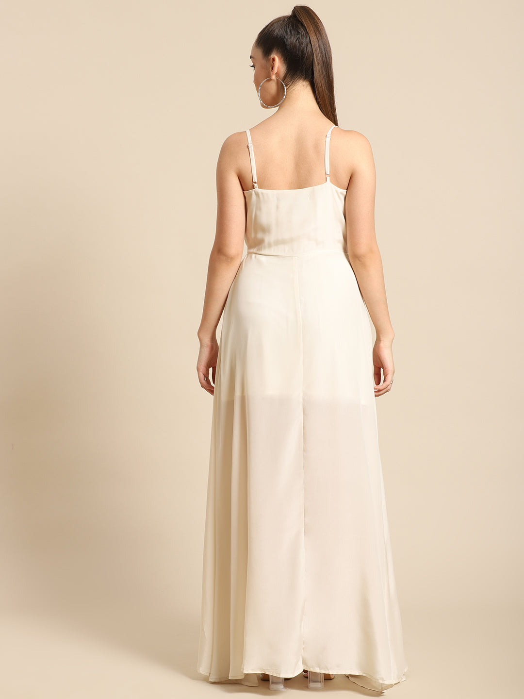 Ivory White Spaghetti Strap Maxi Dress for Women – Flowy V-Neck Gown for Parties & Weddings