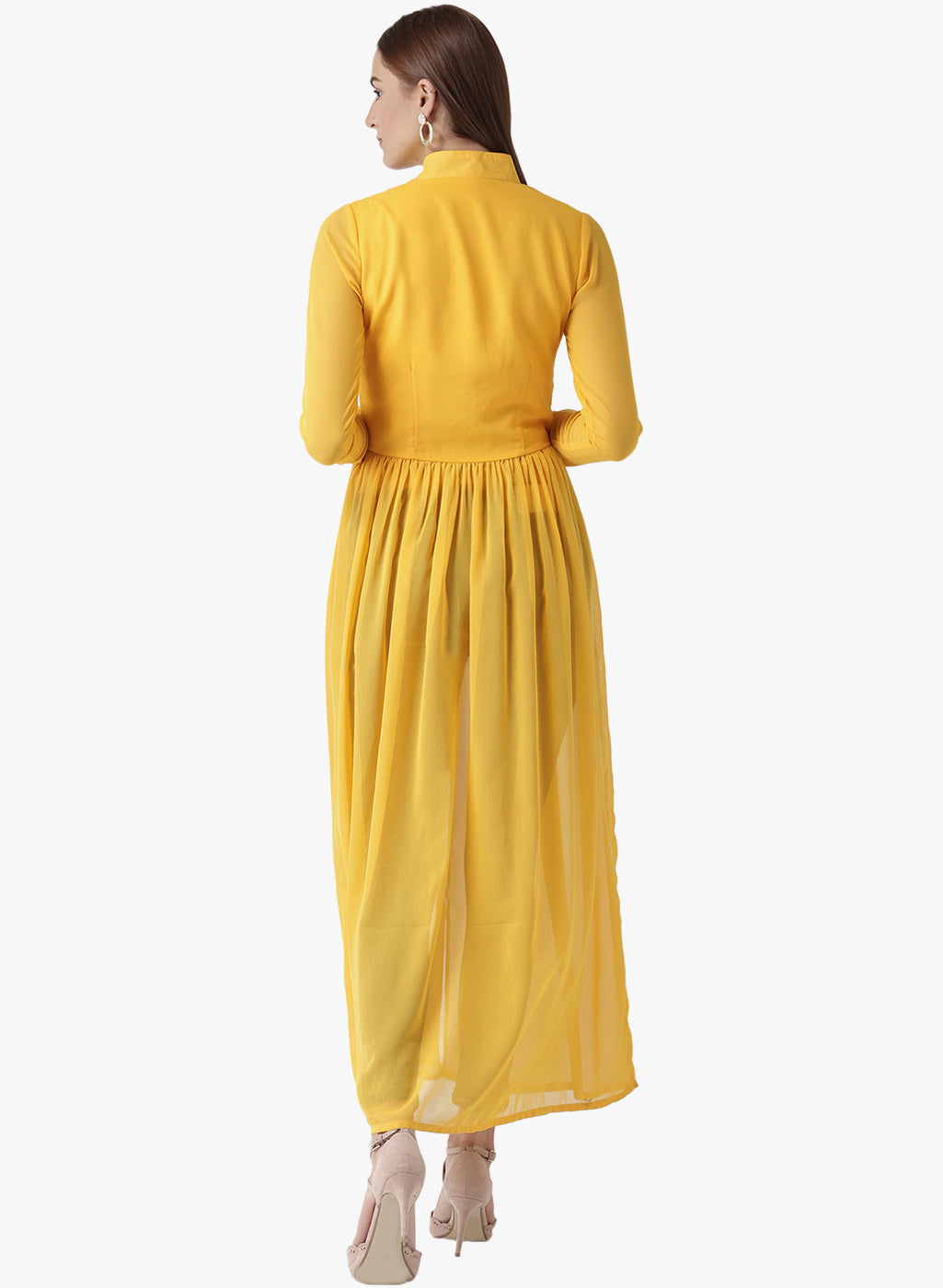 Women's Yellow Embroidered Front-Slit Long Kurta with Mandarin Collar