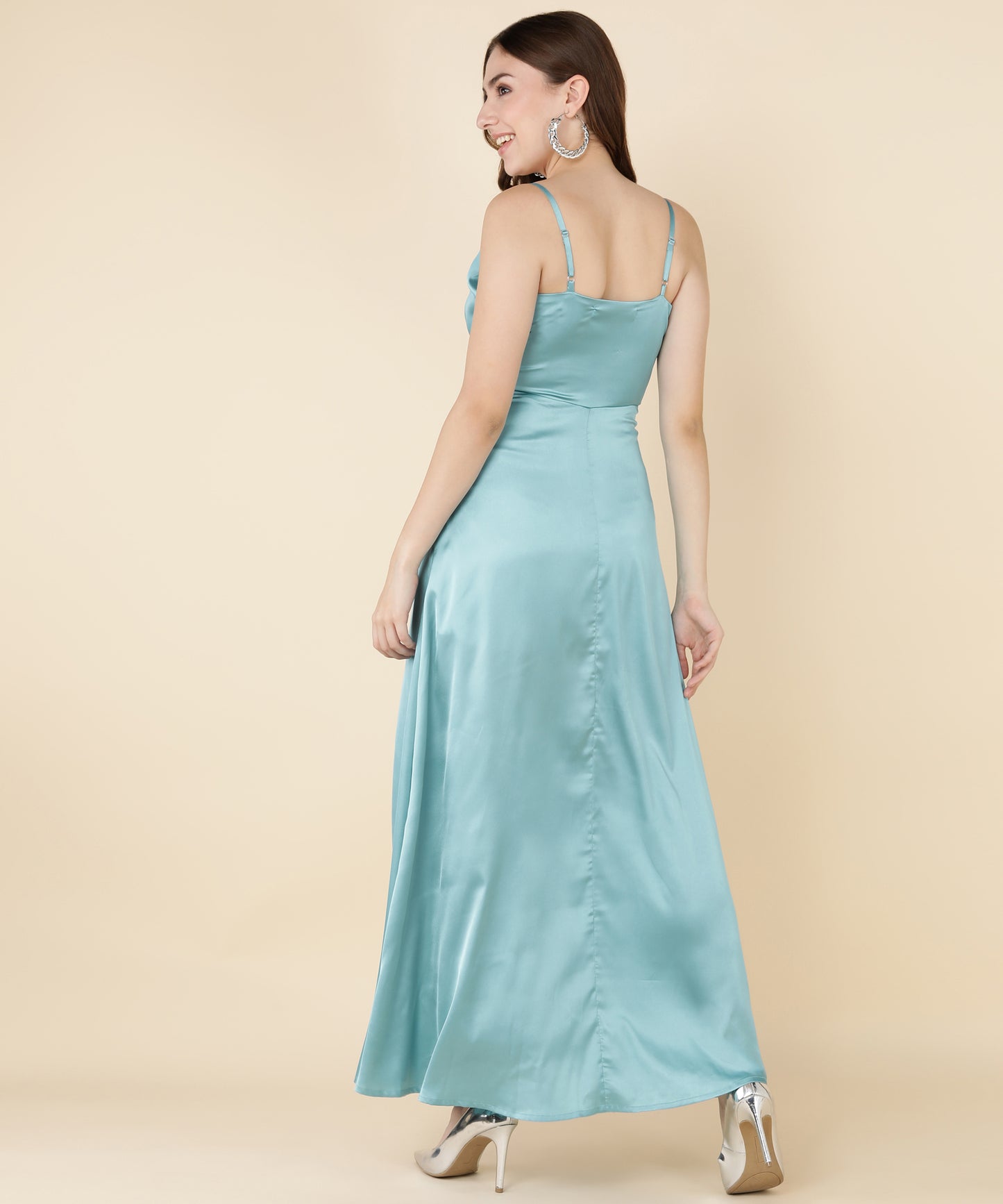 Glam Blue Satin Wrap Gown Dress for Evening Party