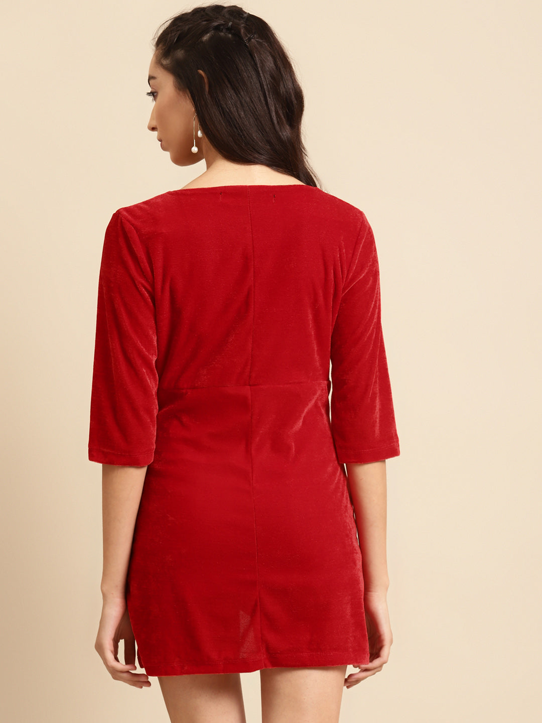 Red Velvet Bodycon Mini Dress with Wrap Hem