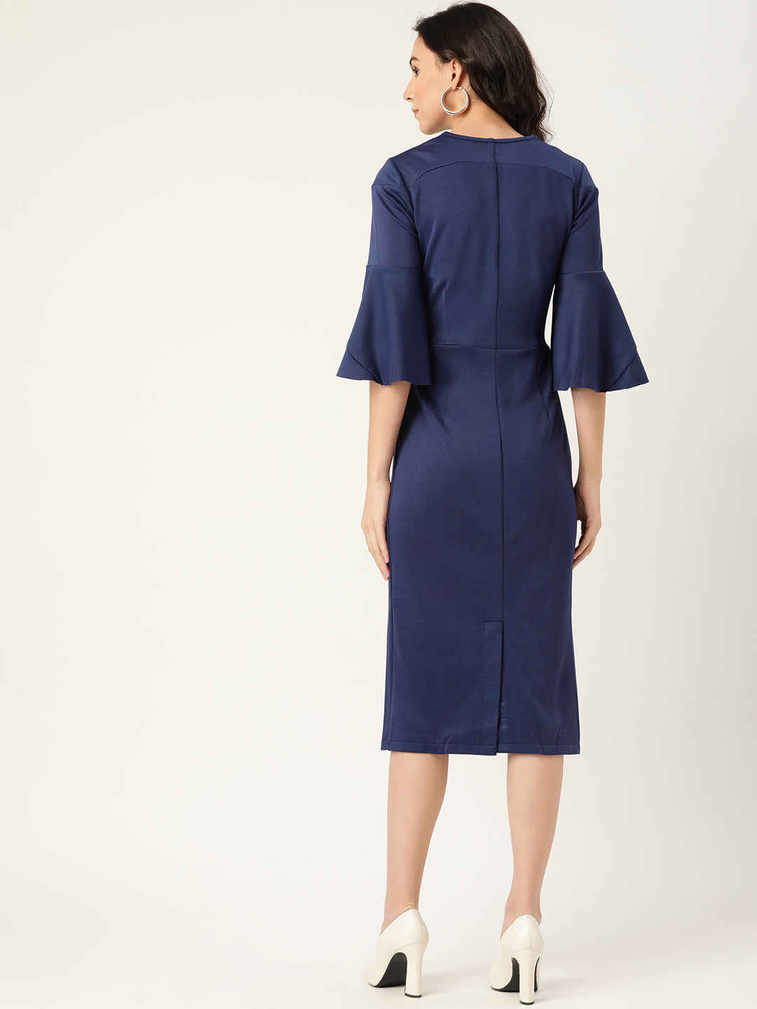 Navy Blue Bell Sleeve Bodycon Midi Dress for Women