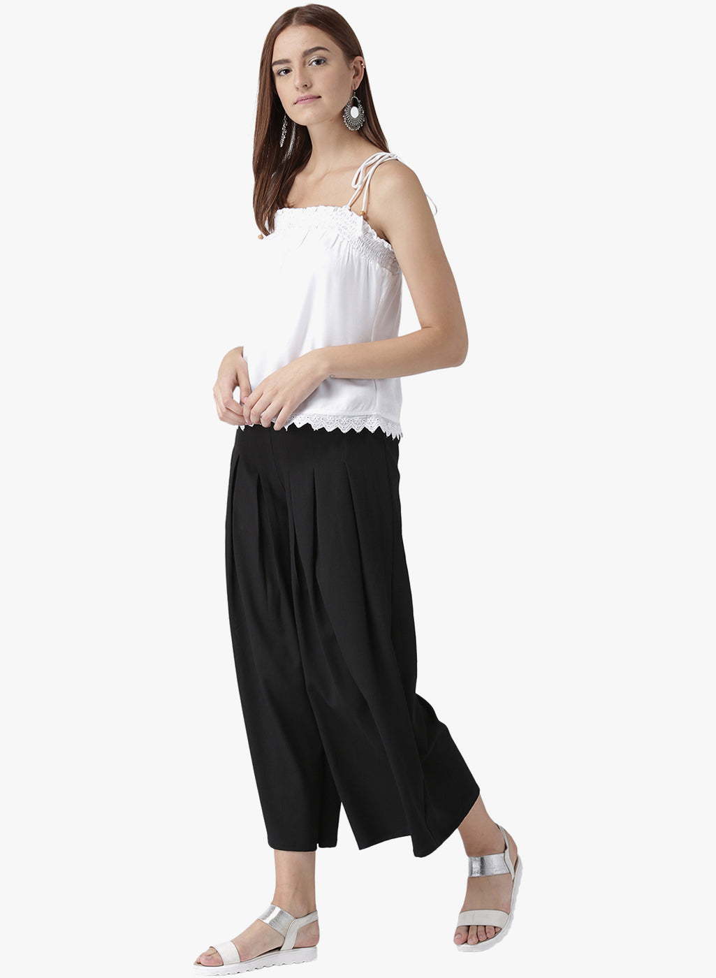 Black High Waist Pleated Tie-Up Trousers for Women