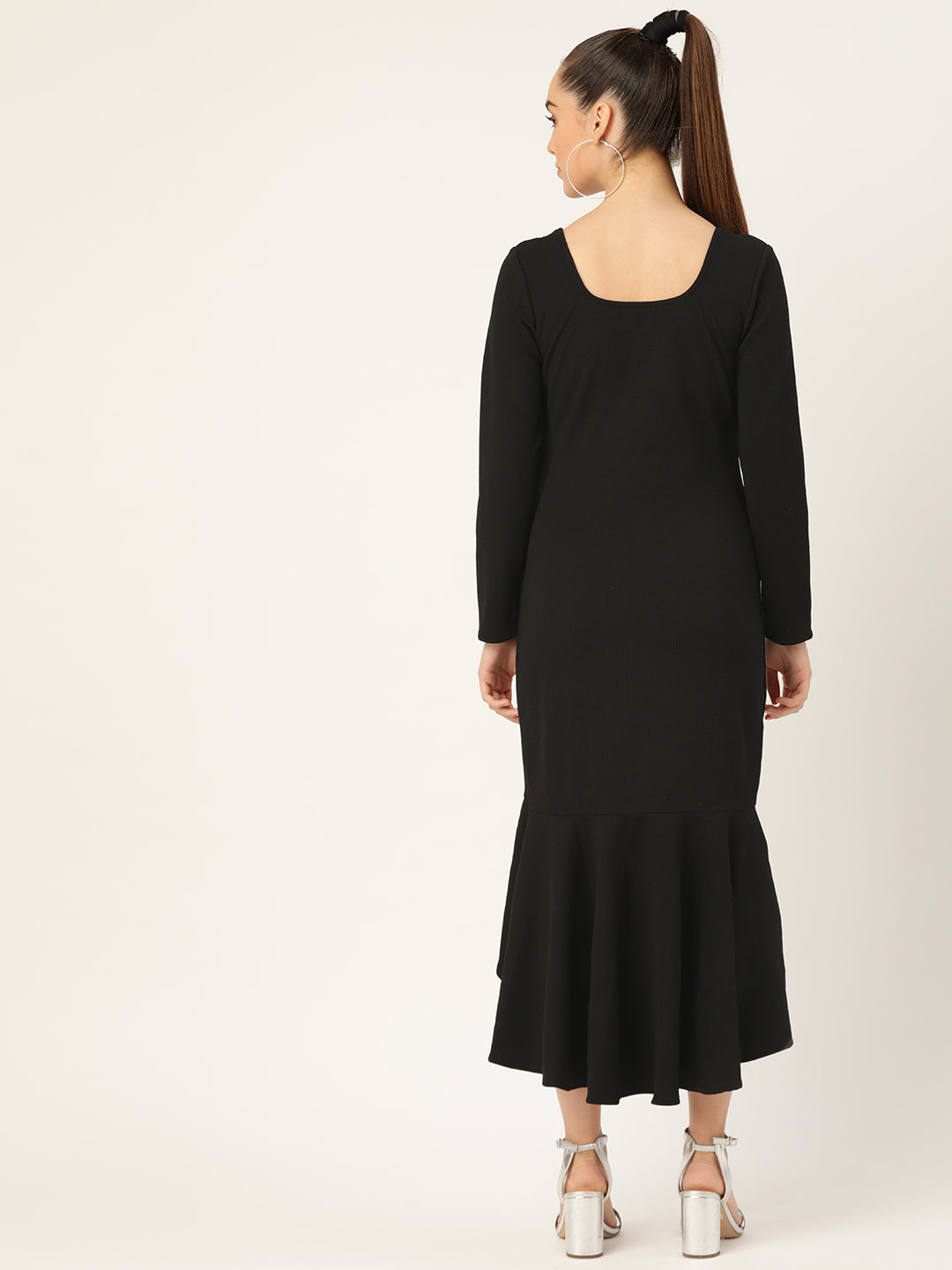 Women Black High-Low Ruffle Hem Long Sleeve Bodycon Dress