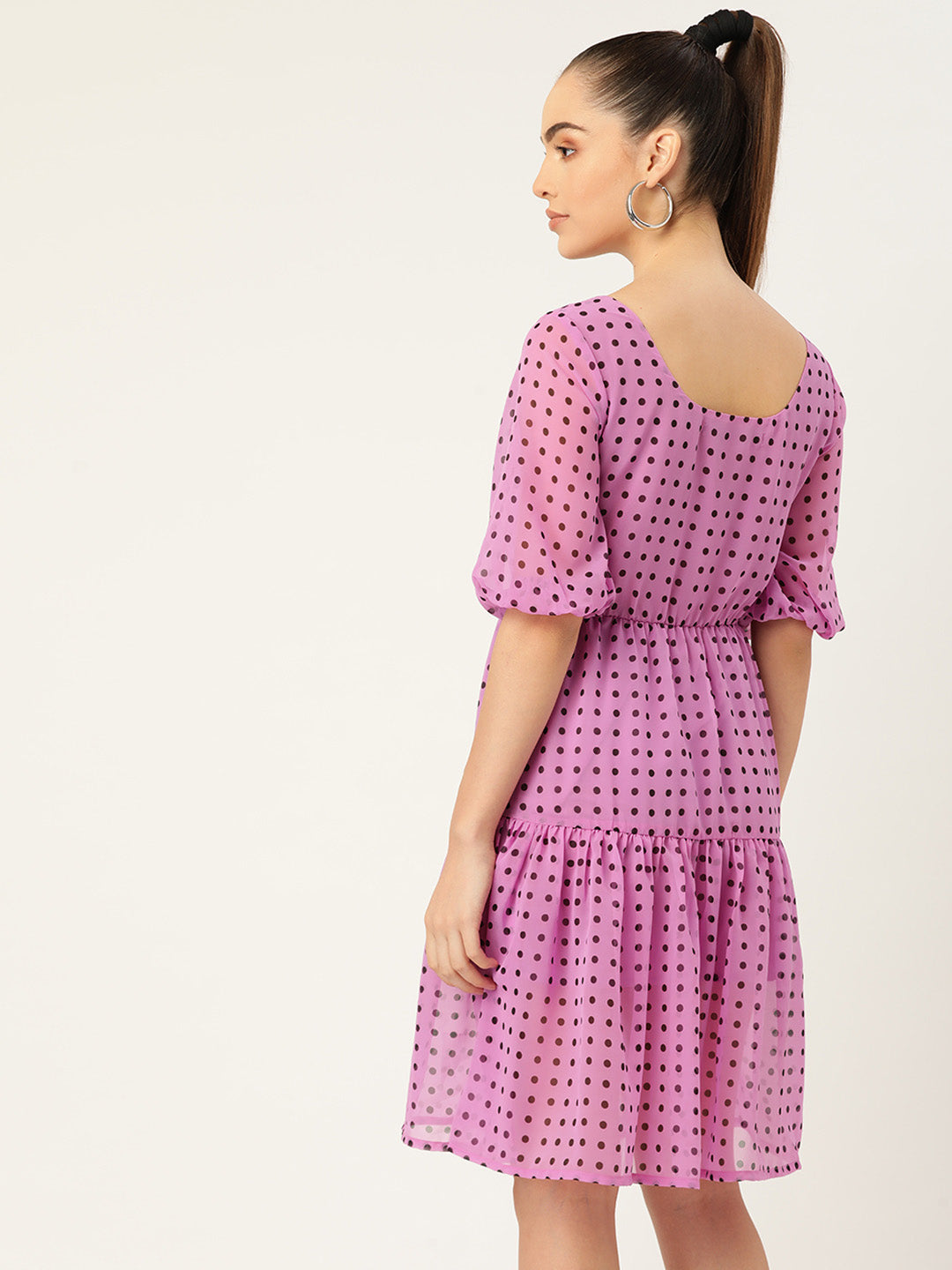 Trendy Lavender Polka Dot Puff Sleeve Mini Dress for Women