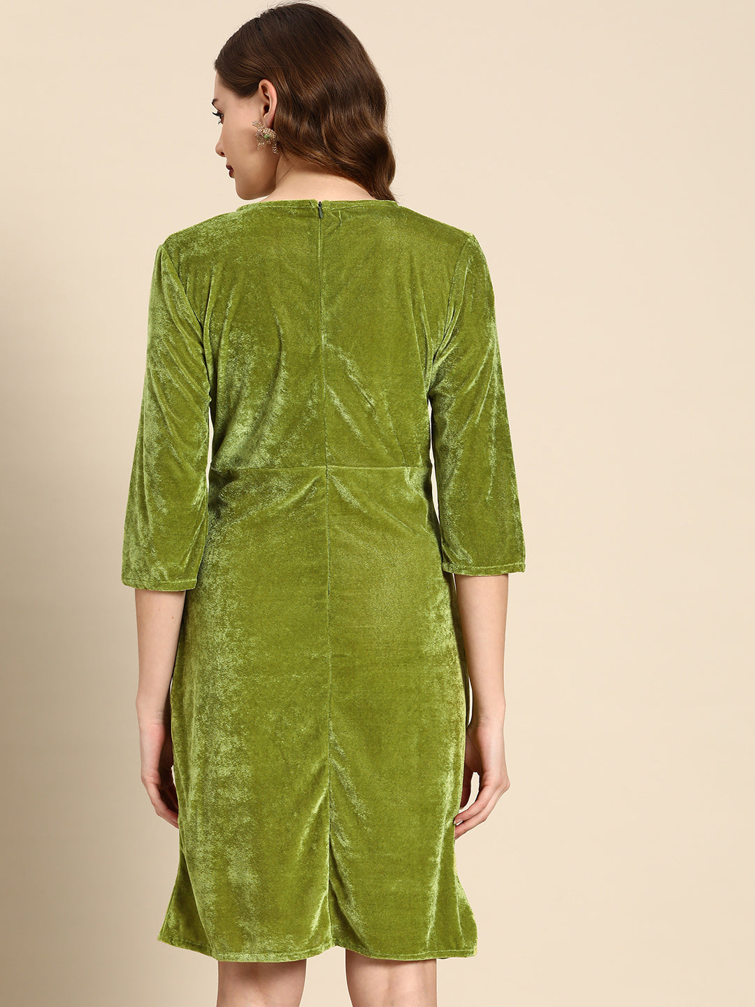 Elegant Green Velvet Wrap Dress for Women β Party Wear Dress with 3/4 Sleeves & Asymmetric Hem