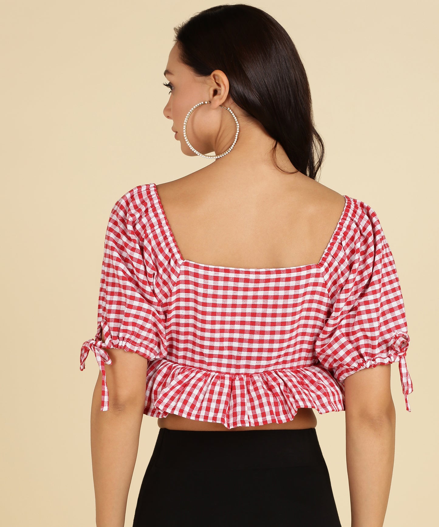 Women's Red Check Puff Sleeve Crop Top – Ruffled Hem Peplum Blouse for Summer & Casual Wear