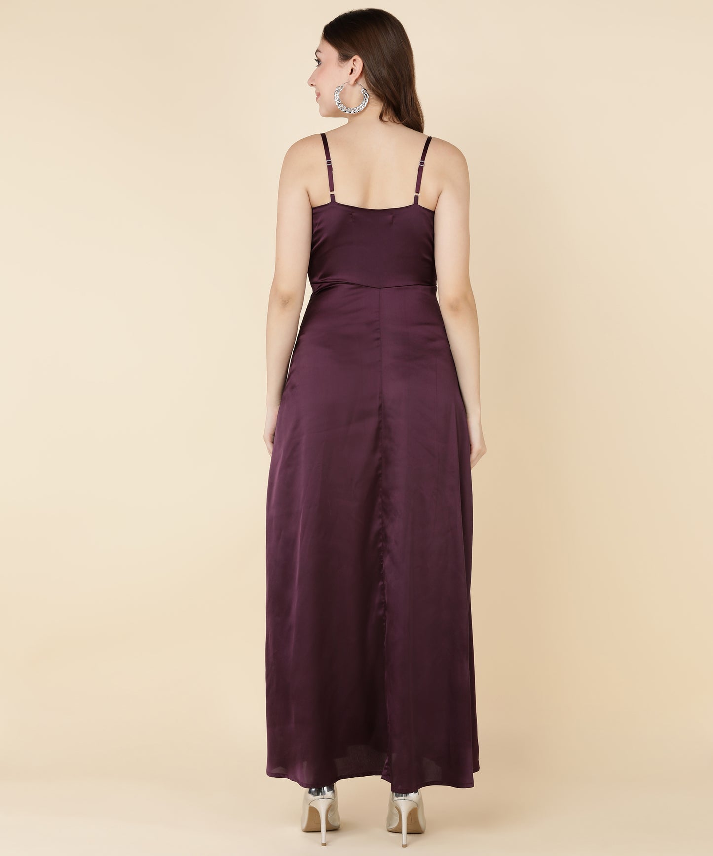 Glam Maroon Satin Wrap Gown Dress for Evening Party