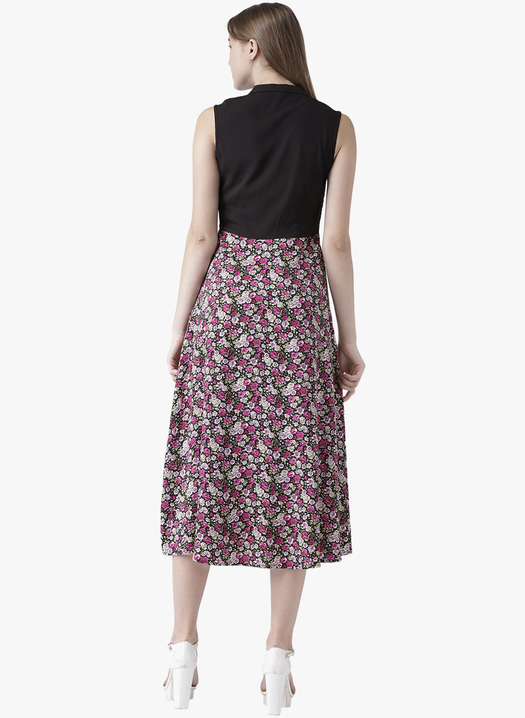 Women's Sleeveless Black and Floral Midi Dress