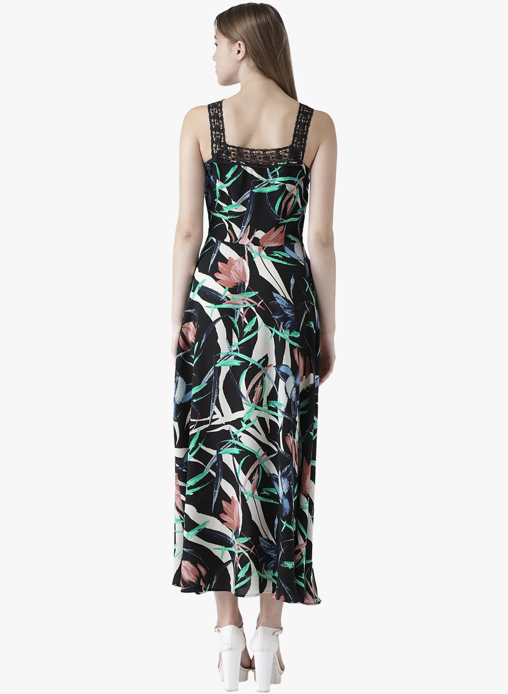 Women's Black Floral Printed Sleeveless Maxi Dress with Lace Strap