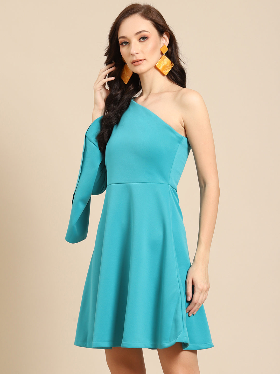Trendy Teal One Shoulder Flared Sleeve Short Dress for Women