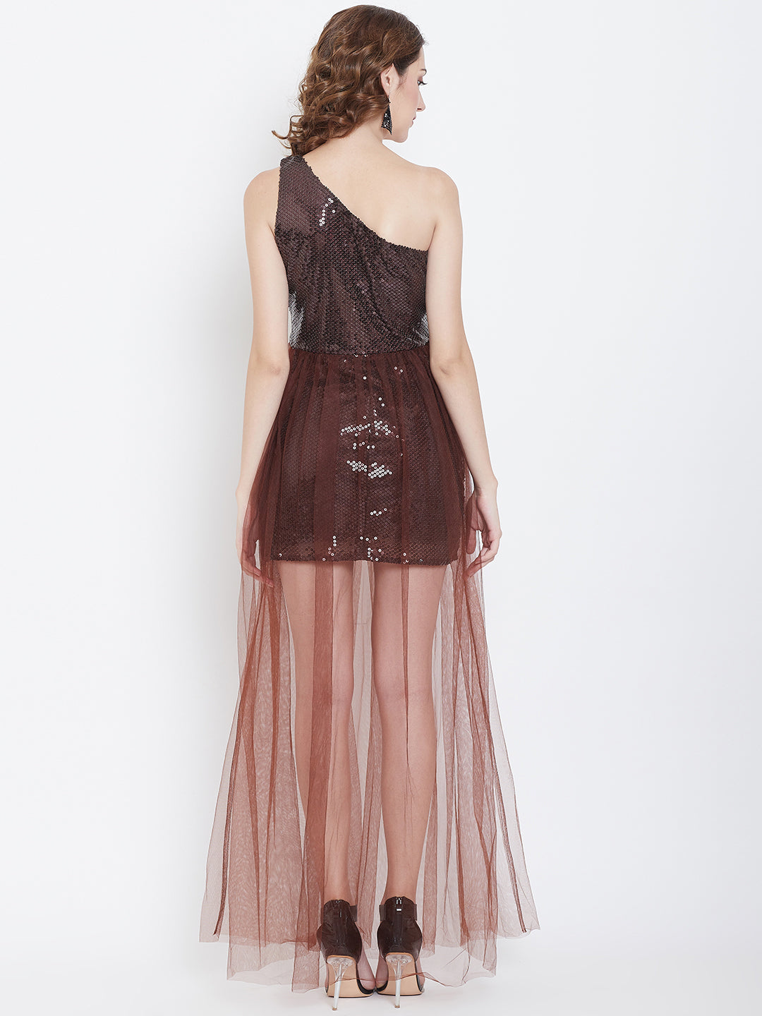 One Shoulder Sequin Brown Dress with Sheer Net Overlay