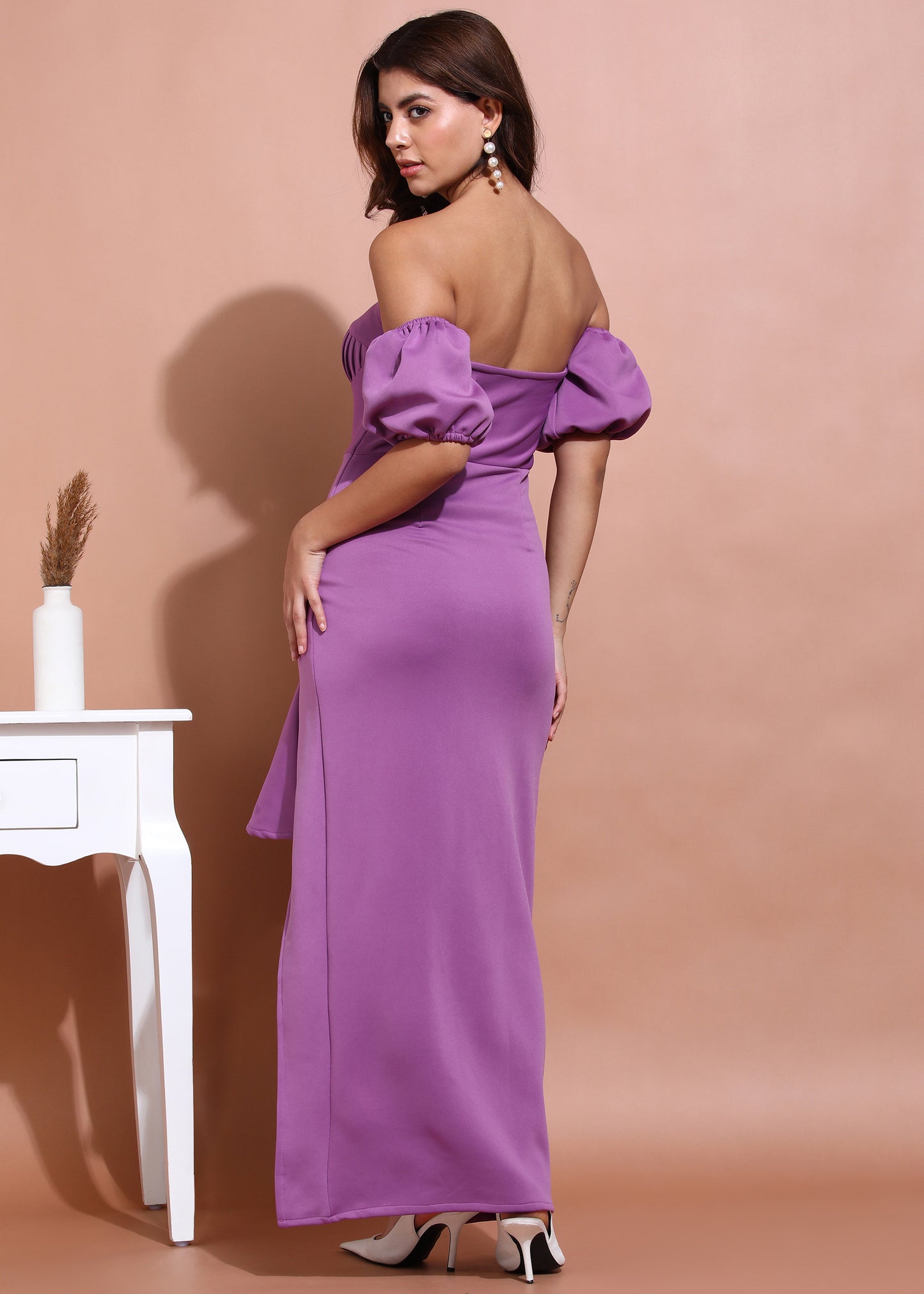 Elegant Off Shoulder Purple Evening Gown with High Slit for Women