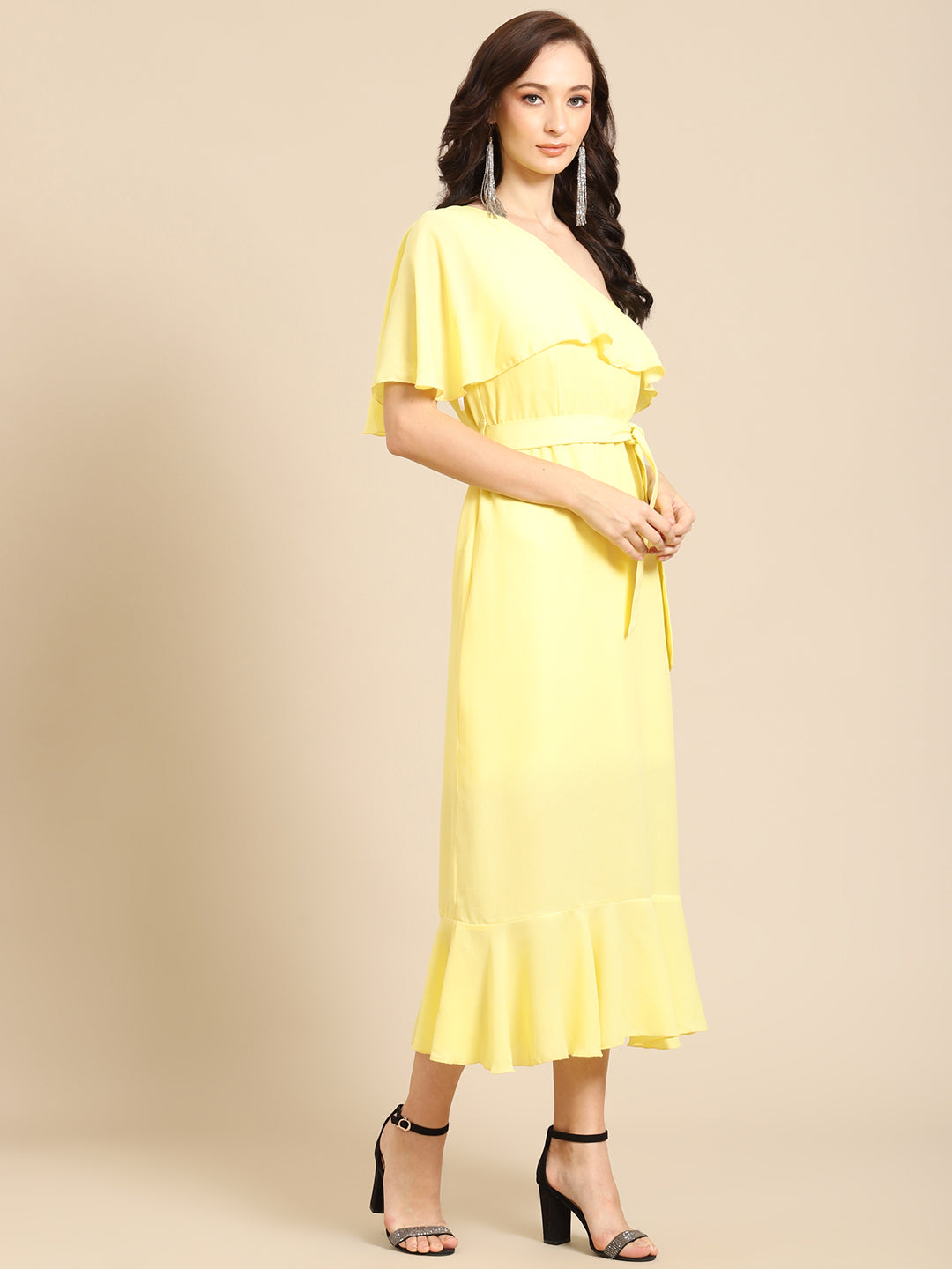 Elegant Yellow One Shoulder Ruffle Midi Dress for Women
