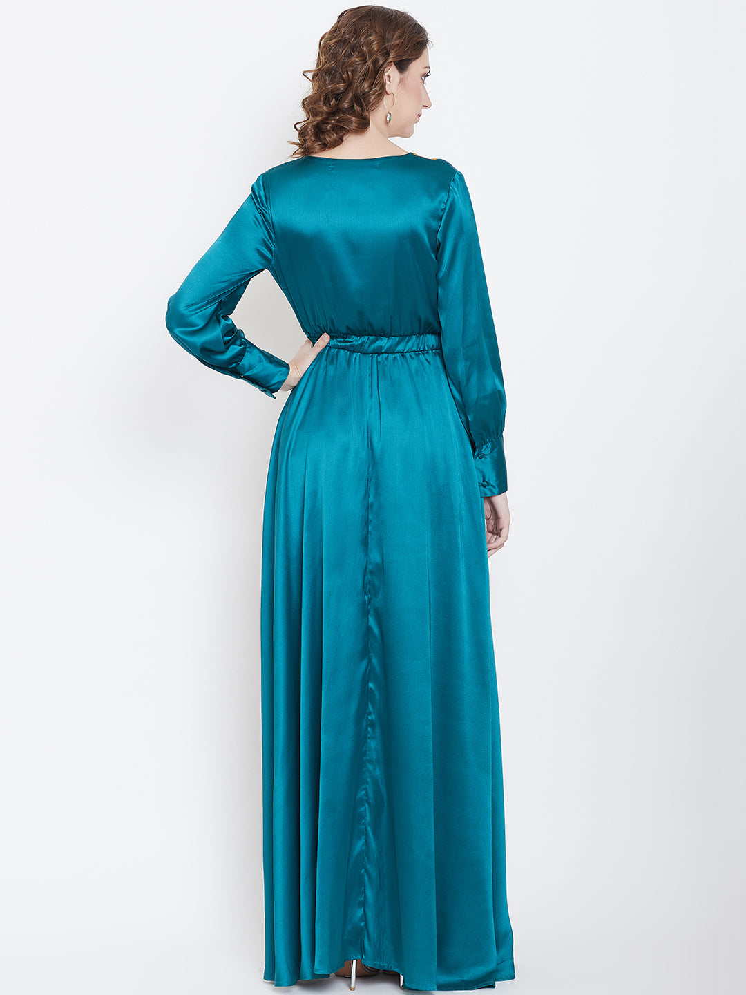 Teal and Mustard Satin Colorblock Maxi Dress with Deep V-Neck