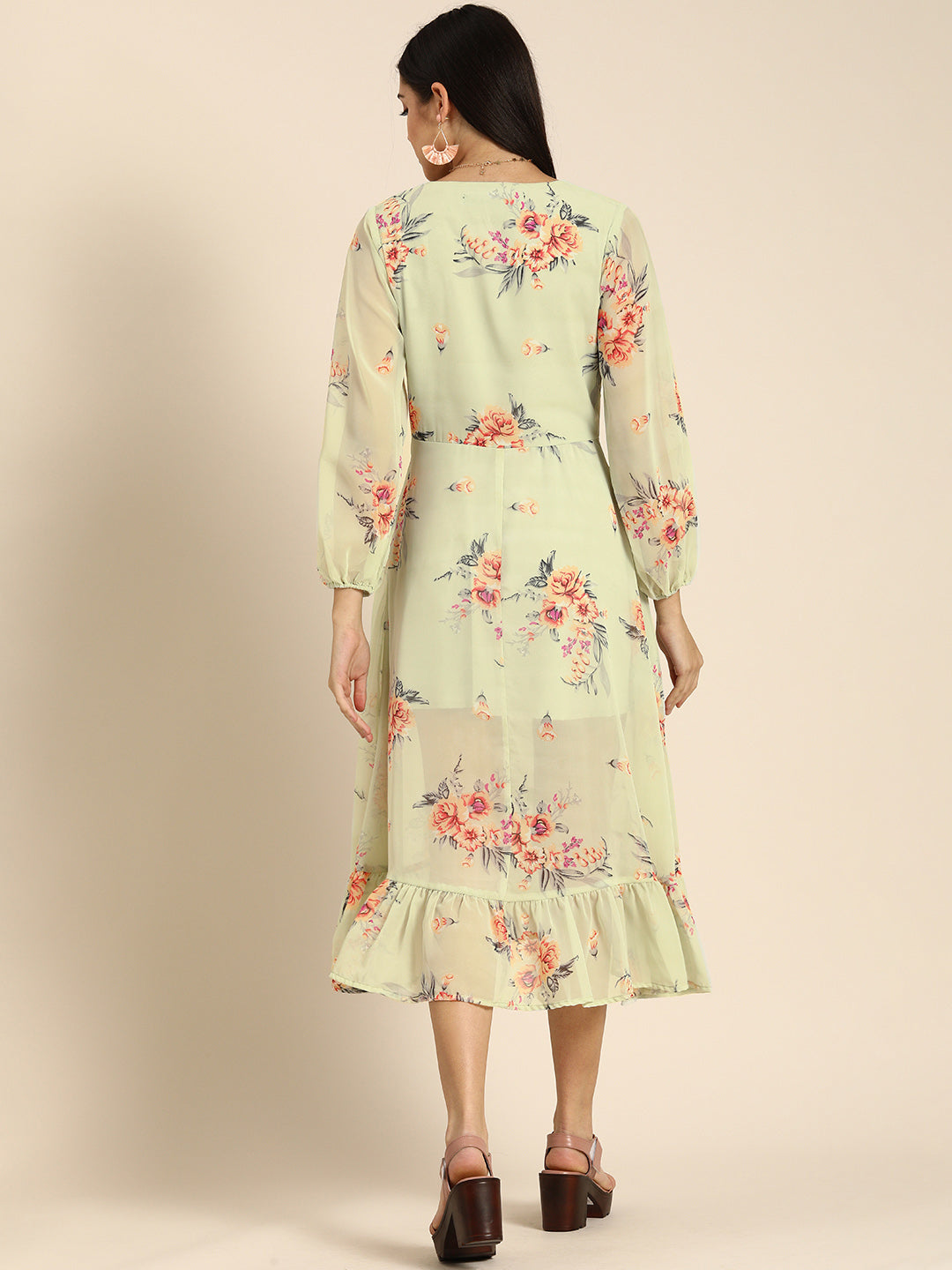 Pastel Green Floral Wrap Midi Dress with Ruffle Hem & Puff Sleeves Elegant Summer Look