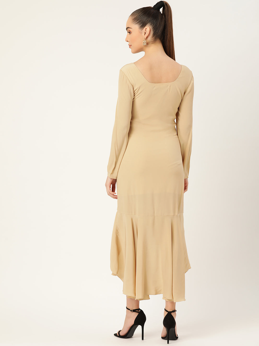 Women Beige High-Low Ruffle Hem Long Sleeve Dress