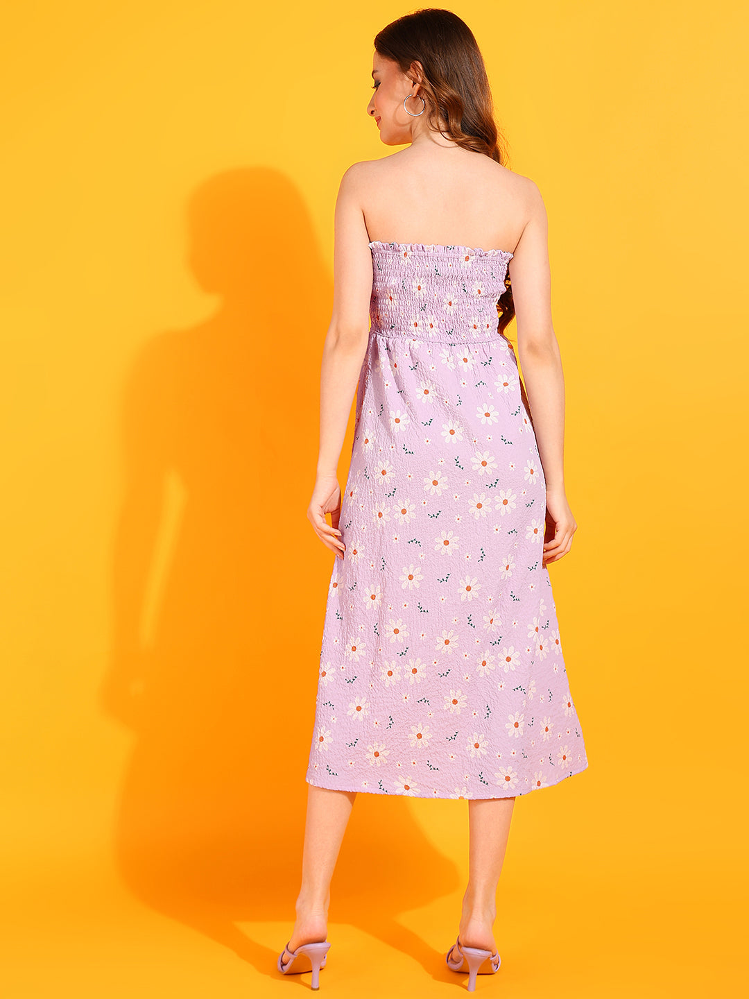 Women’s Lilac Strapless Floral Smocked Midi Dress