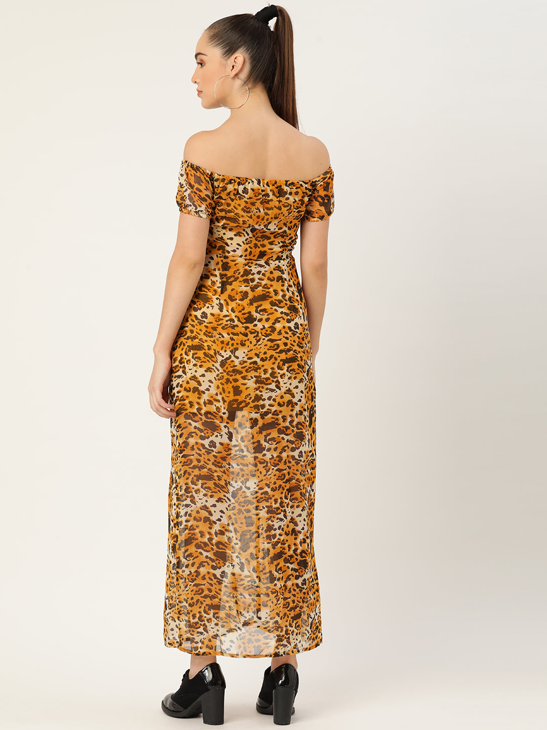 Off-Shoulder Leopard Print Maxi Dress with Front Slit