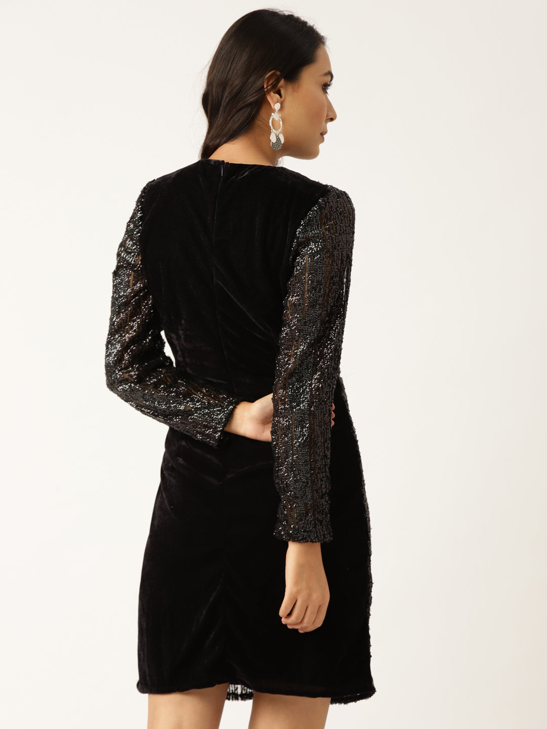 Black Sequin V-Neck Mini Dress with Long Sleeves – Glam Party Wear