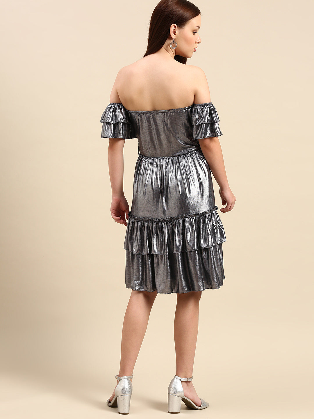 Metallic Silver Off-Shoulder Dress - Tiered Ruffles, Party Wear