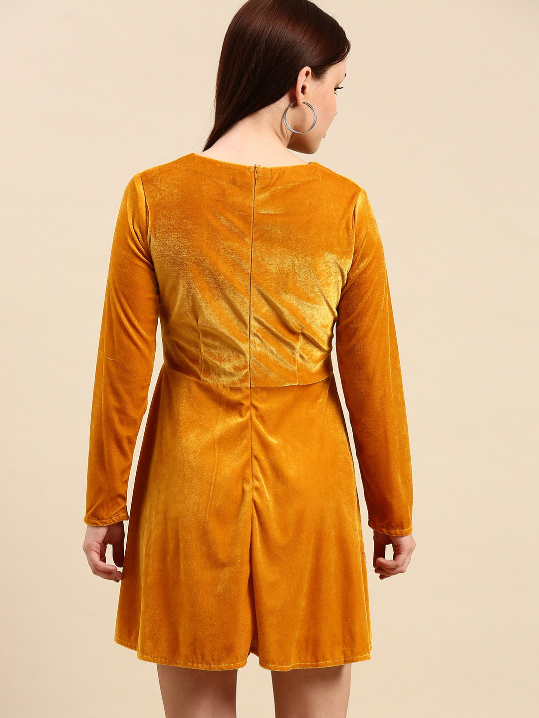 Golden Velvet Skater Dress - Long Sleeve, Soft & Stylish