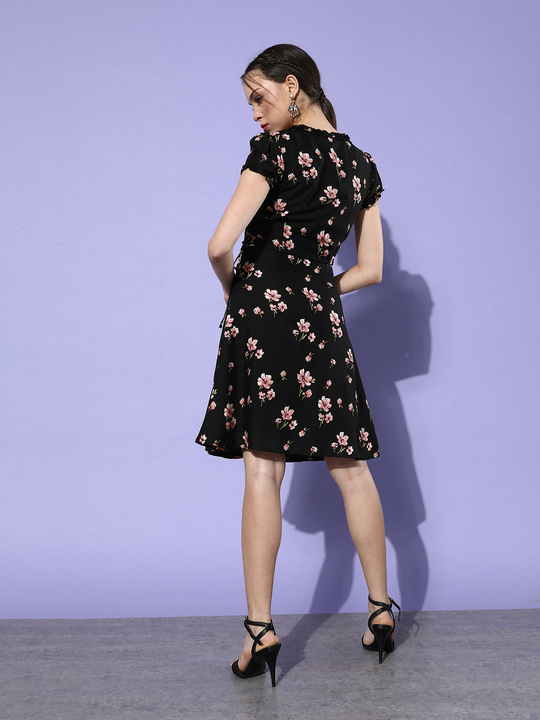Black Floral Wrap Dress Elegant Puff Sleeve A-Line for Day & Night