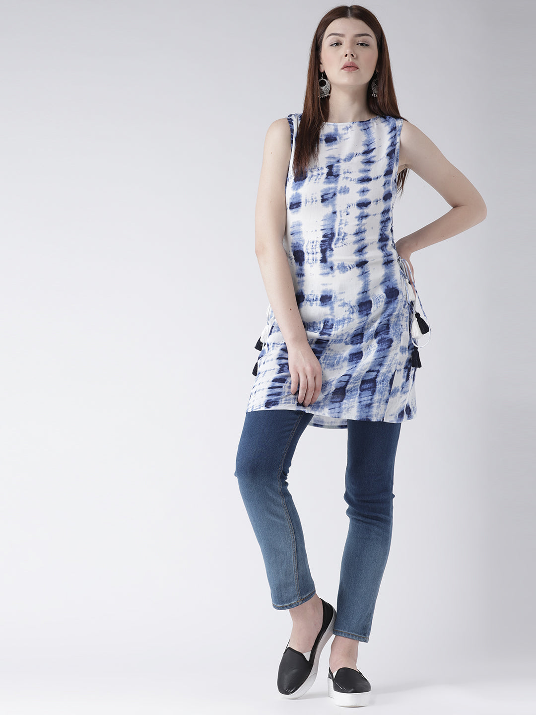 Women's Sleeveless Indigo Tie-Dye Kurti with Side Drawstrings