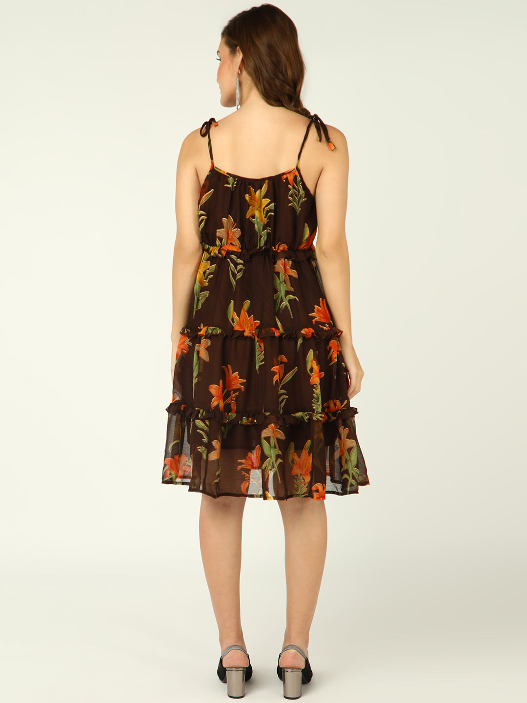 Women's Brown Floral Print Sleeveless Ruffle Hem Midi Dress