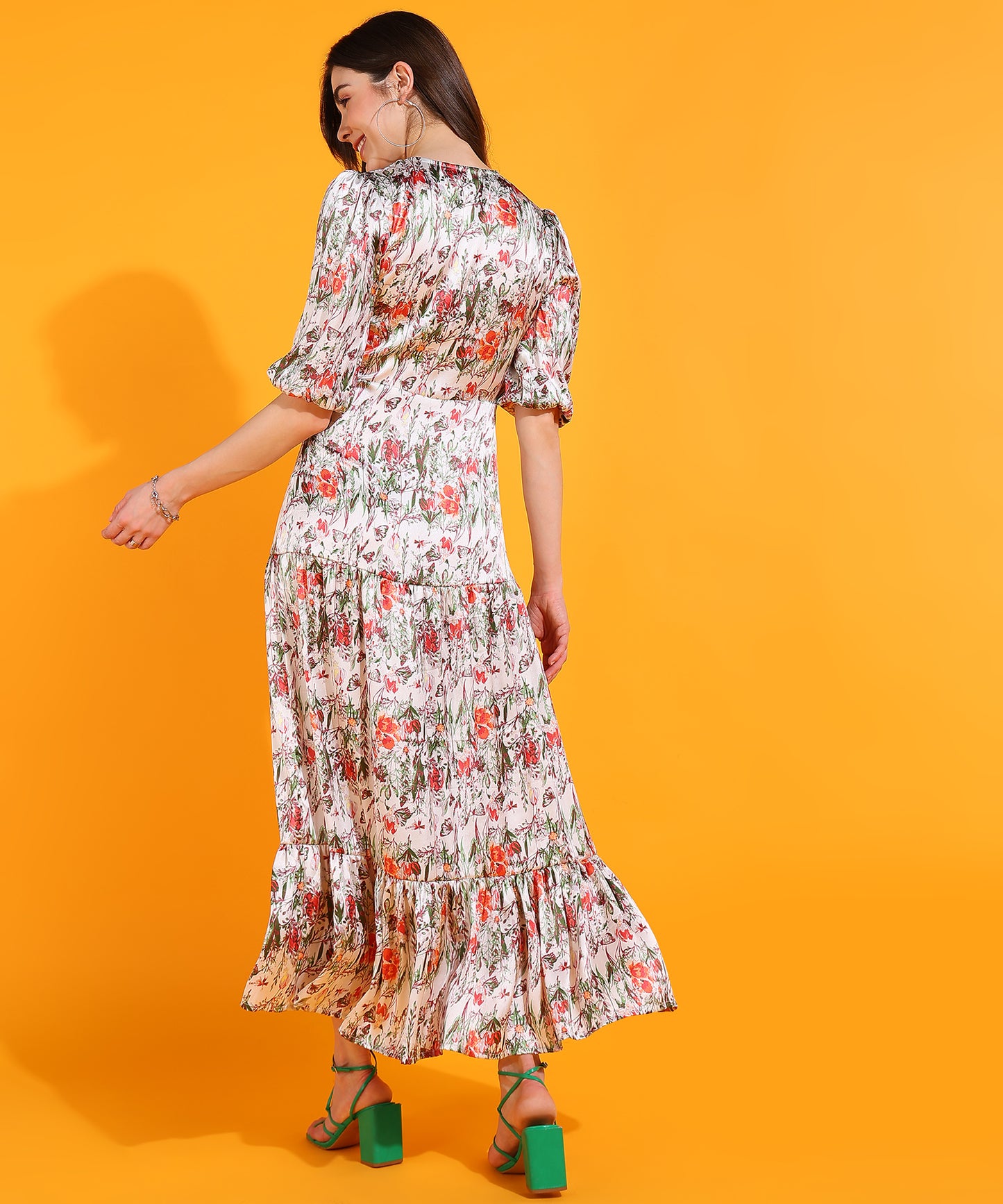 White Floral Print Cut-Out Midi Dress with Puff Sleeves – Boho Summer Dress for Women