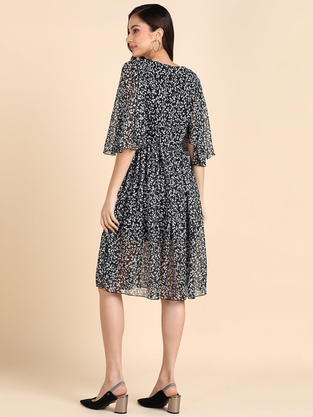 Black Floral A-Line Midi Dress for Women with Sheer Sleeves – Elegant Casual Wear