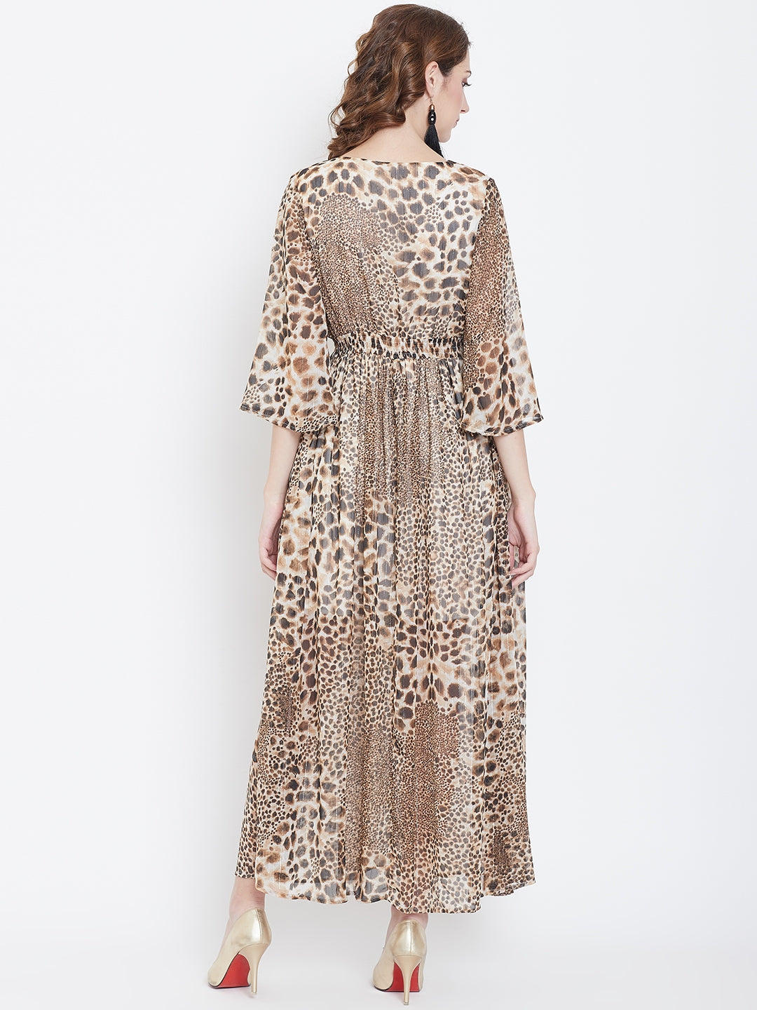 Animal Print Flowy Maxi Dress with Deep Neck and Bell Sleeves