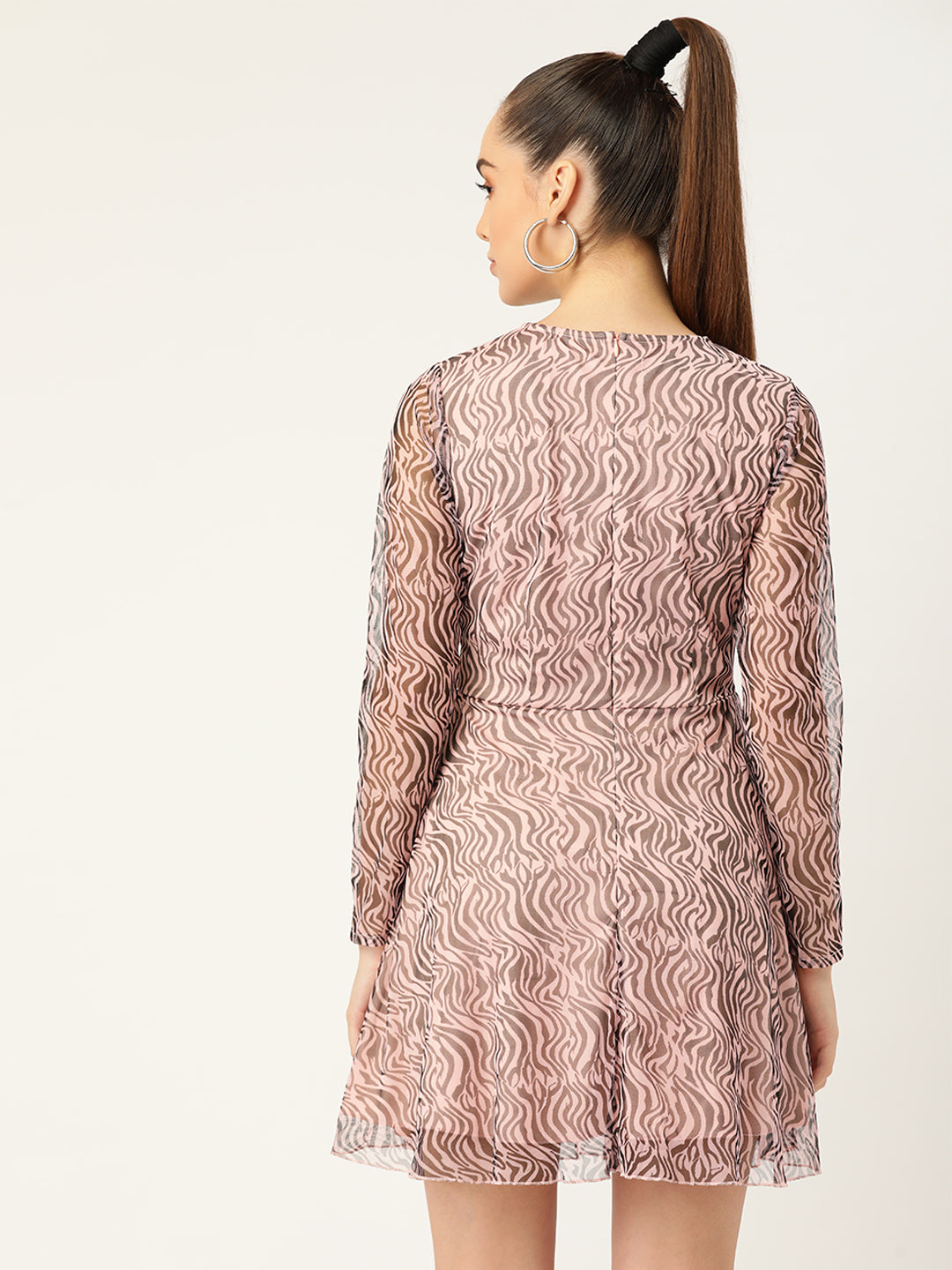 Trendy Animal Print Mesh Mini Dress for Women – Long Sleeve Party Wear Skater Dress