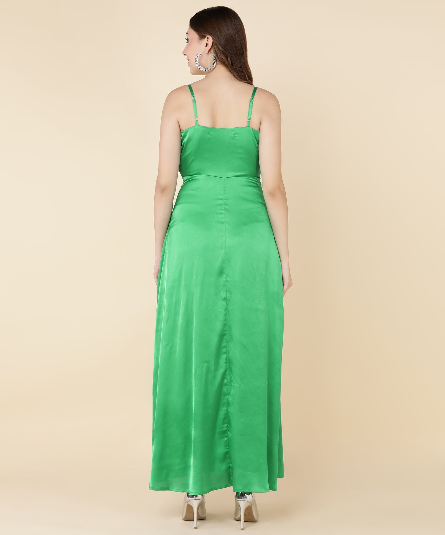 Glam Green Satin Wrap Gown Dress for Evening Party
