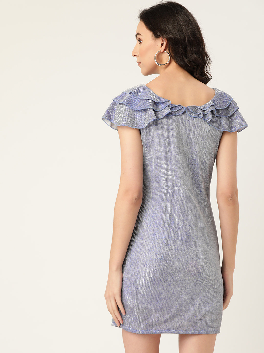 Women Silver Shimmer Mini Dress with Layered Ruffle Neckline