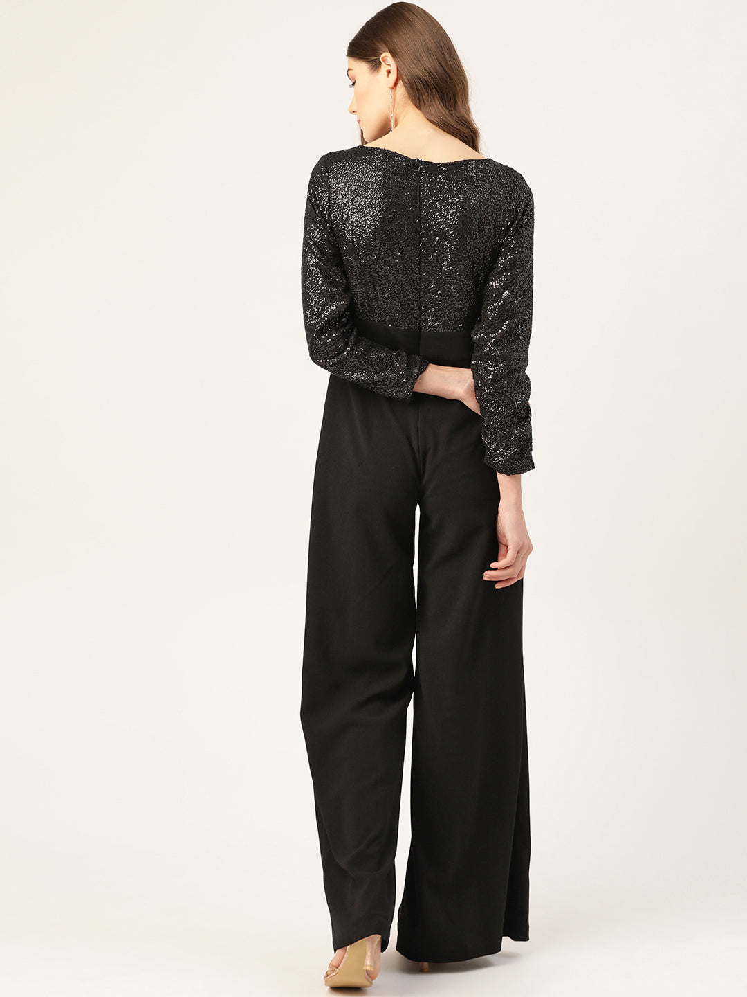 Elegant Black Sequin Top and High-Waisted Wide-Leg Pants Jumpsuit for Women