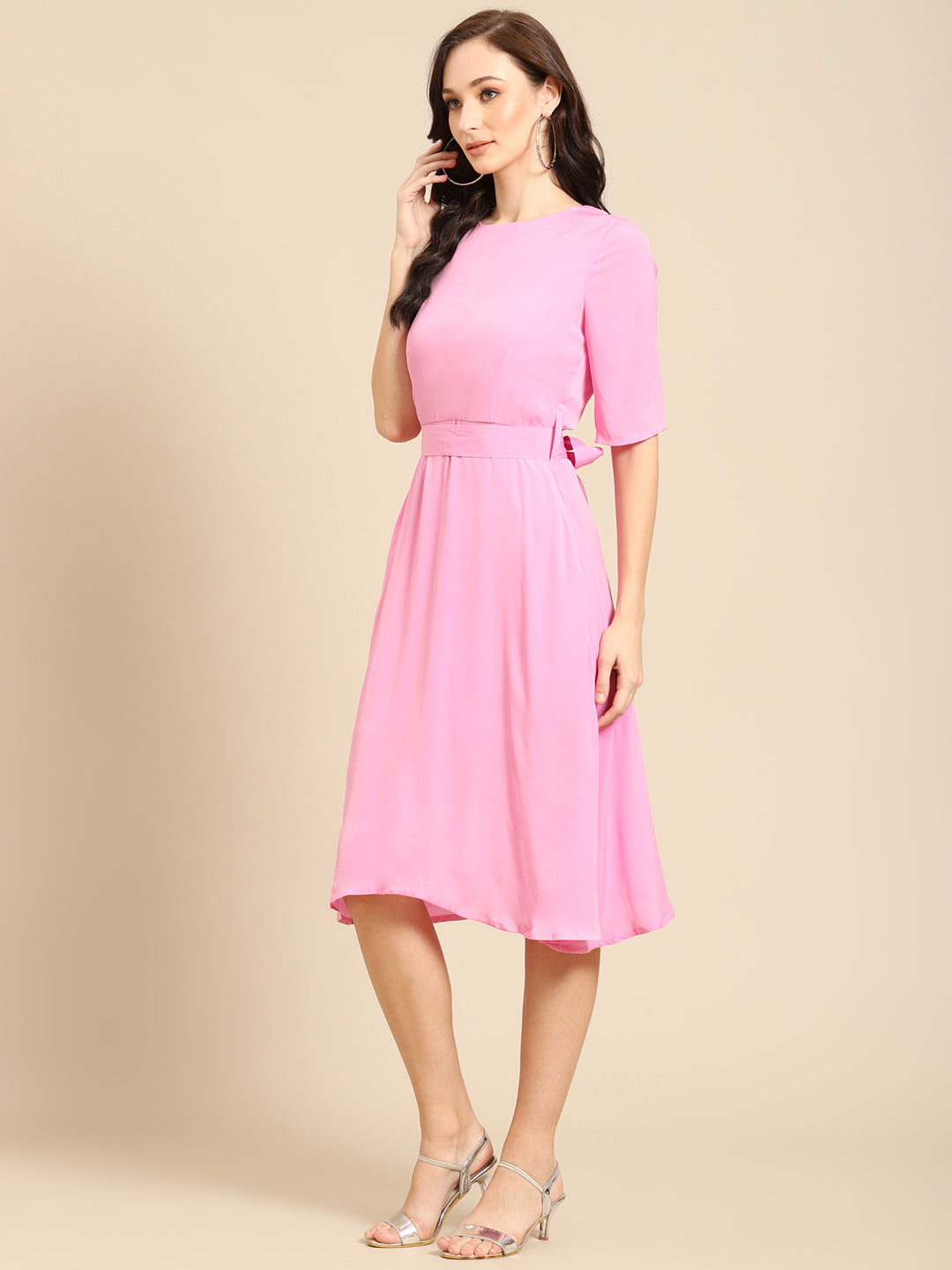 Elegant Pink Fit and Flare Midi Dress with Half Sleeves for Women