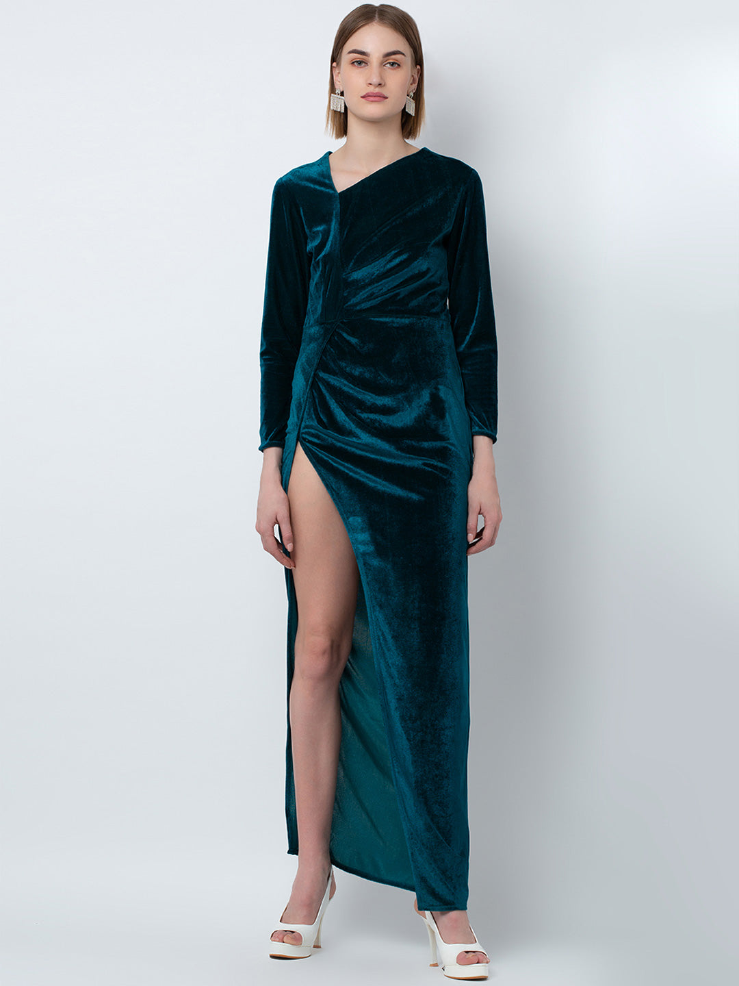 Teal Velvet Wrap Dress with High Slit and Long Sleeves