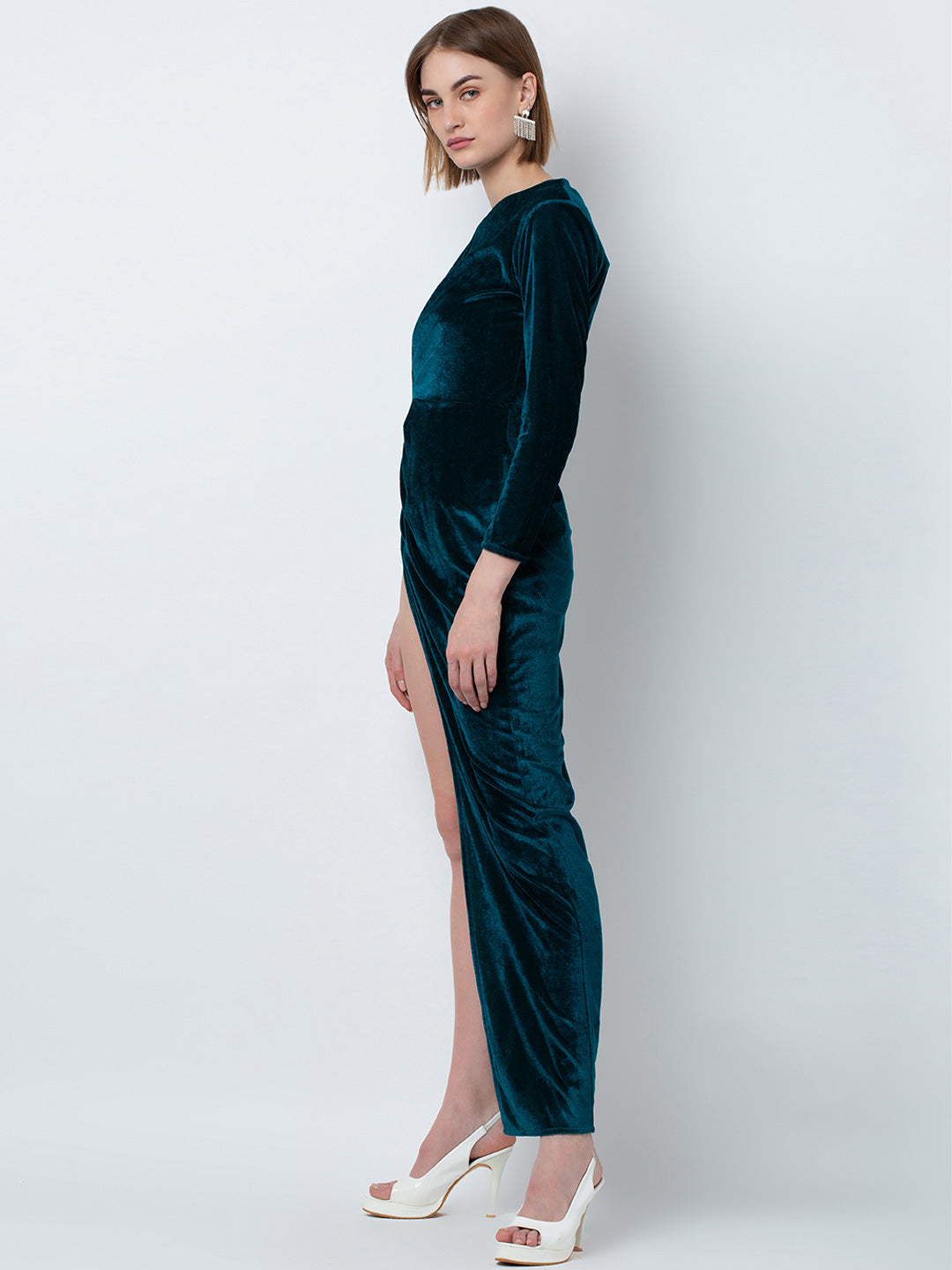 Teal Velvet Wrap Dress with High Slit and Long Sleeves