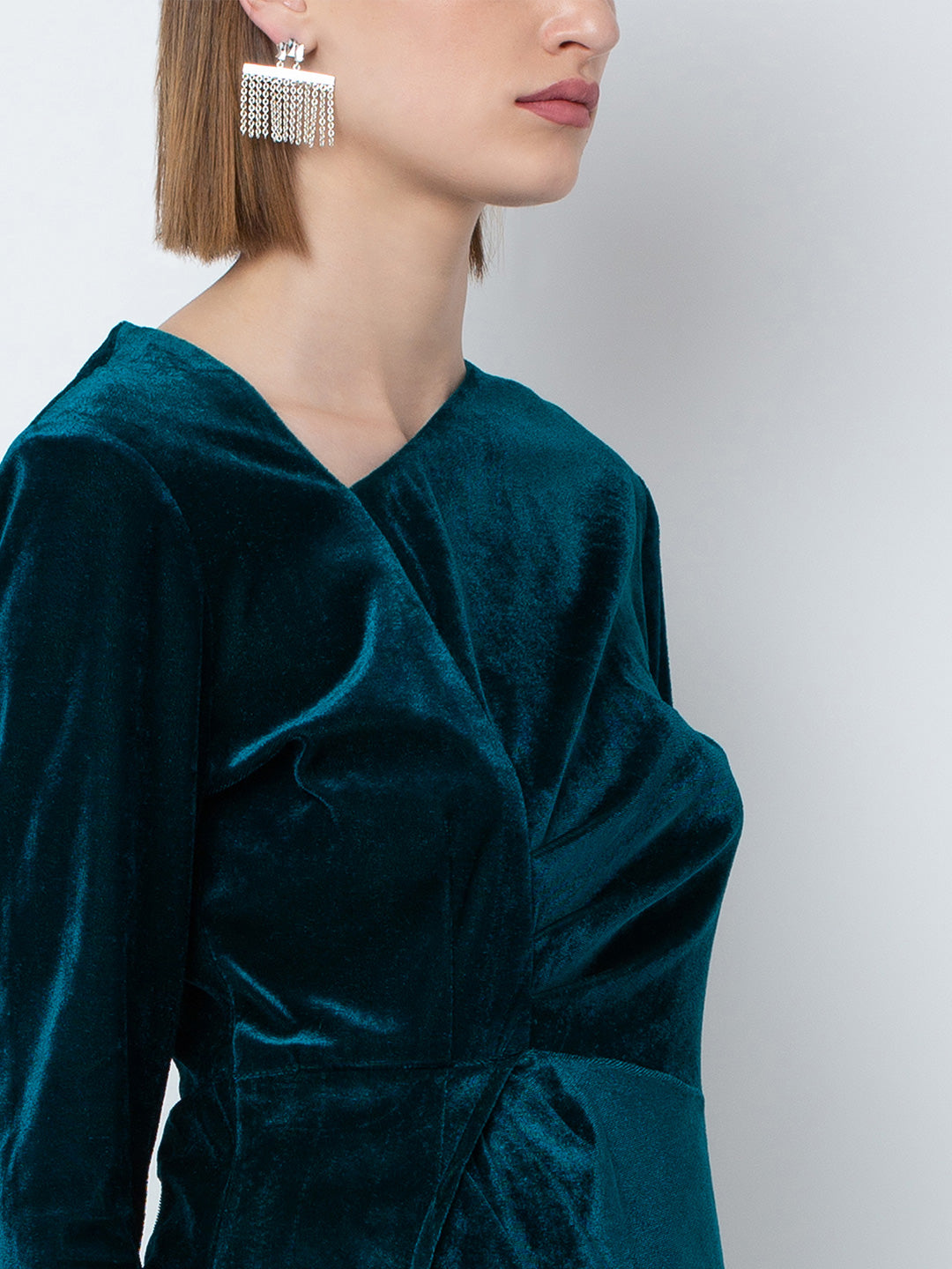 Teal Velvet Wrap Dress with High Slit and Long Sleeves