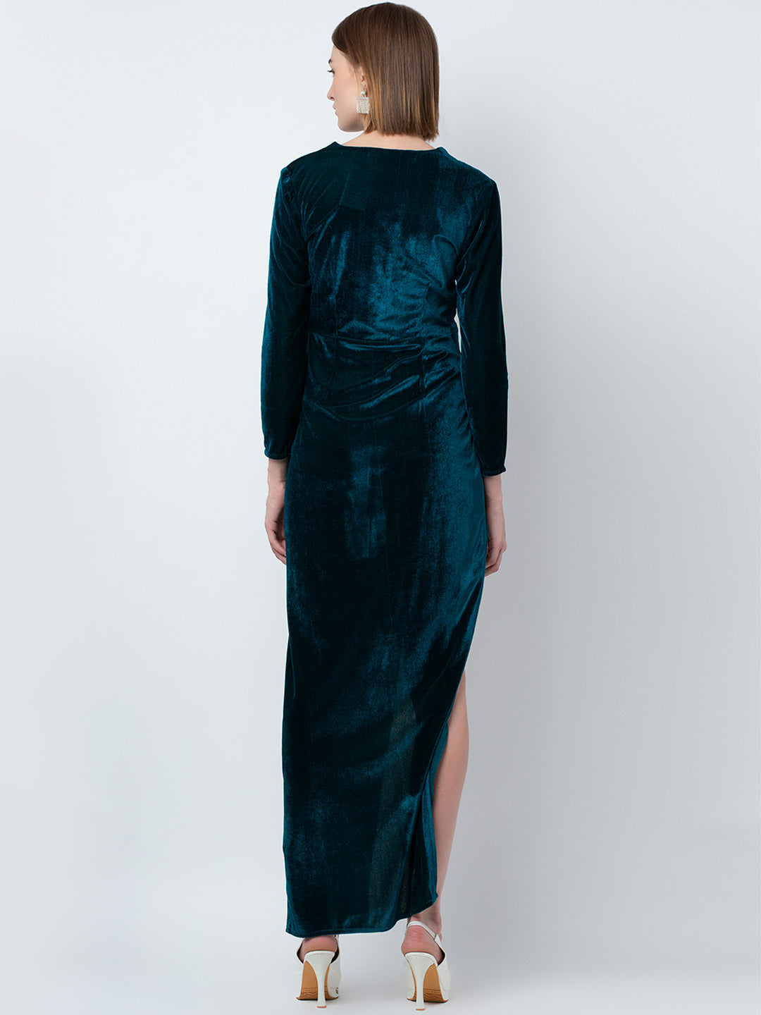 Teal Velvet Wrap Dress with High Slit and Long Sleeves