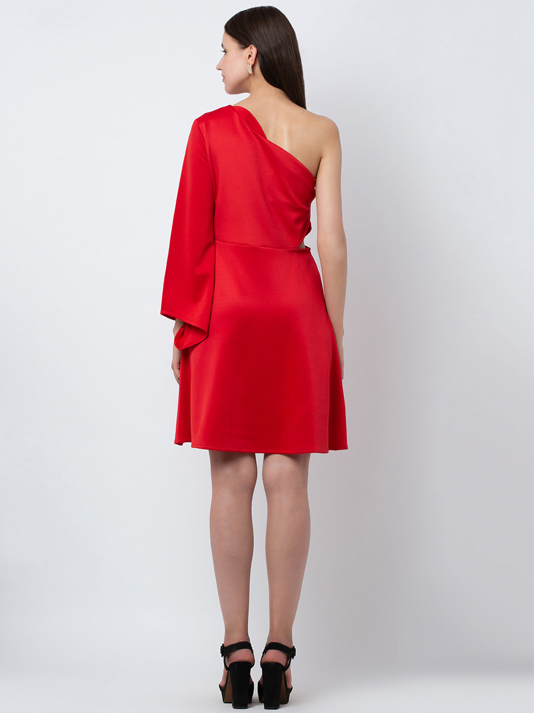 Red One Shoulder Flared Mini Dress for Women
