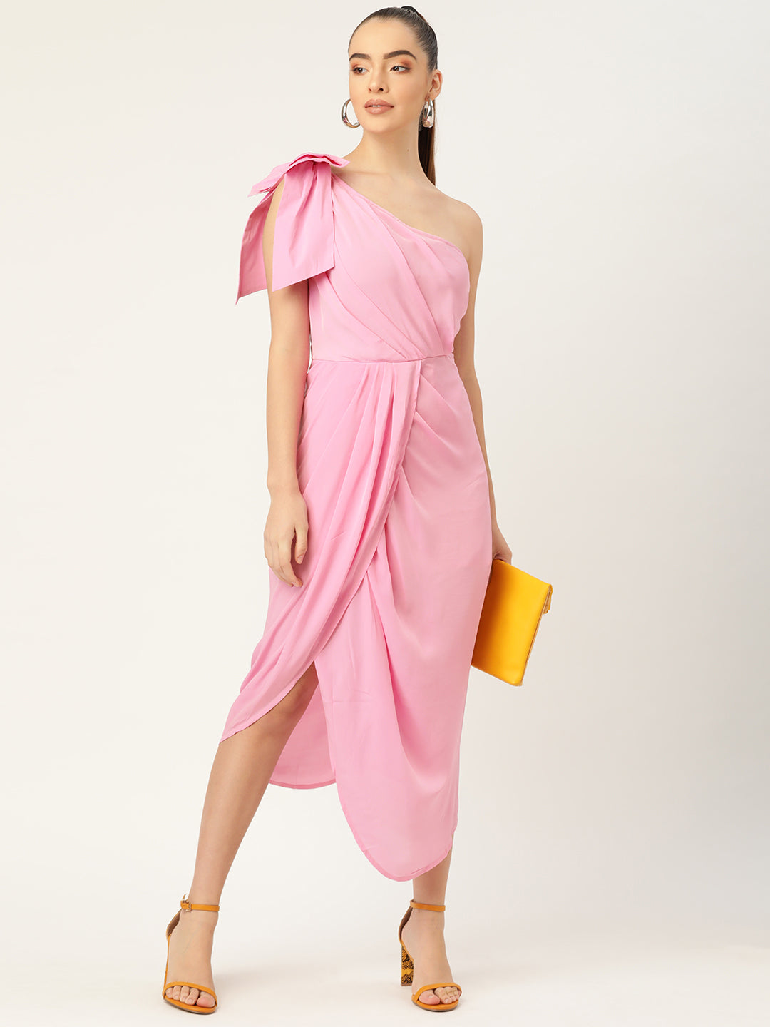 Women Pink One Shoulder Bow Detail Draped Midi Dress