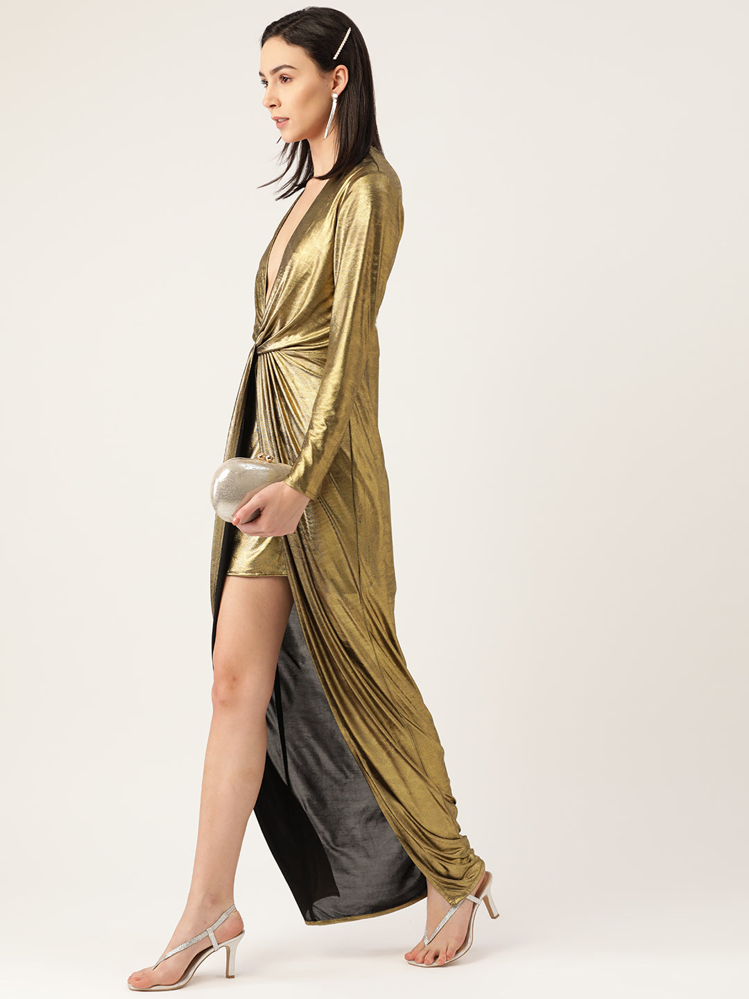 Golden Metallic Plunge Neck High Slit Evening Gown for Women