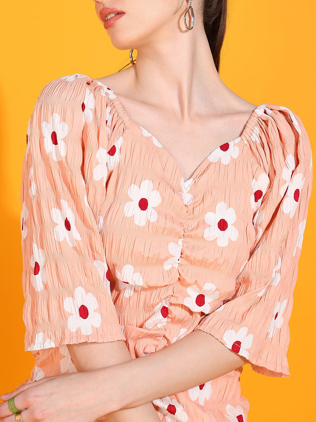 Peach Floral Ruched Mini Dress with Puff Sleeves | Summer Casual Wear