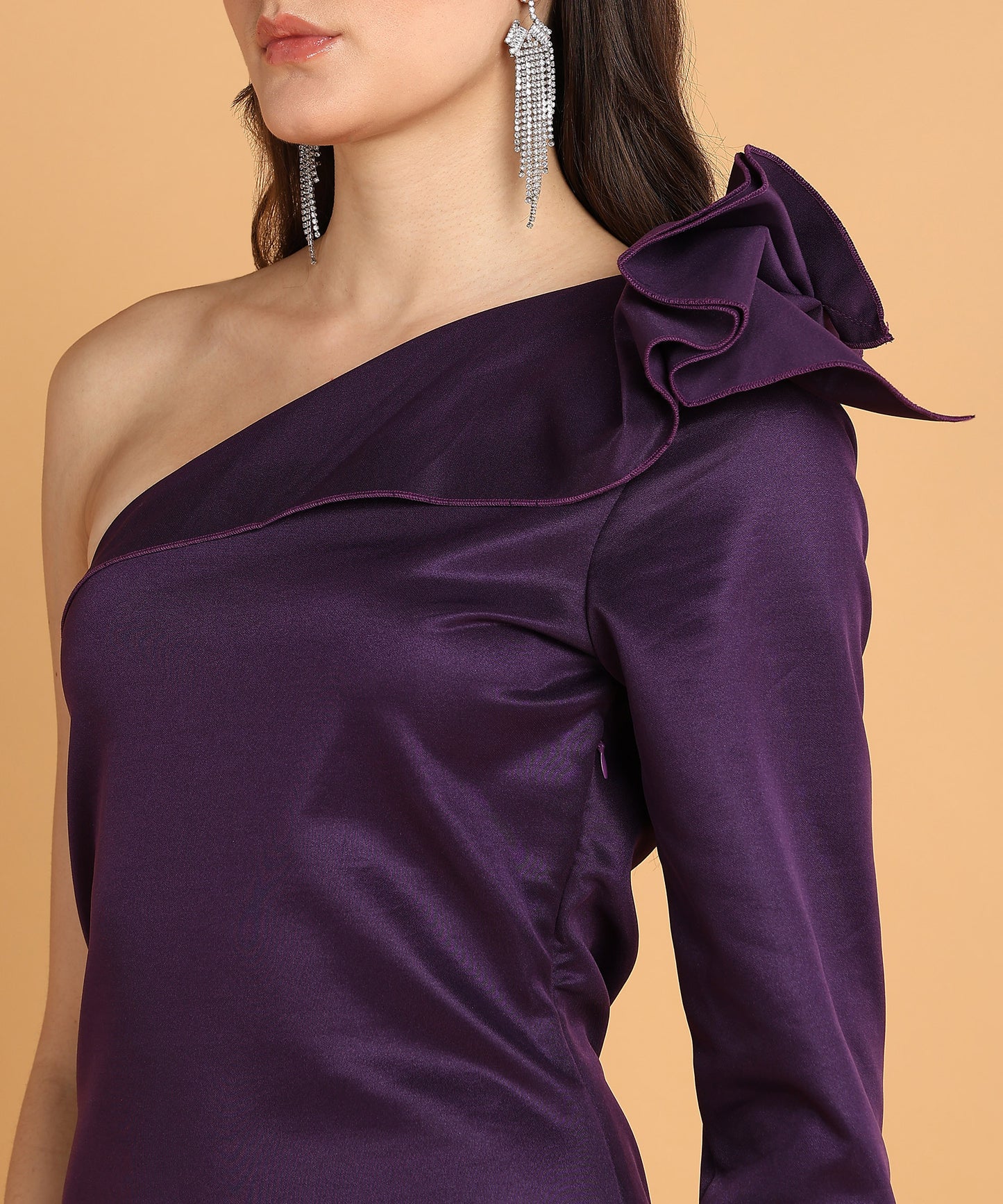 Purple One Shoulder Satin Bodycon Midi Dress with Dramatic Bow Sleeve for Women