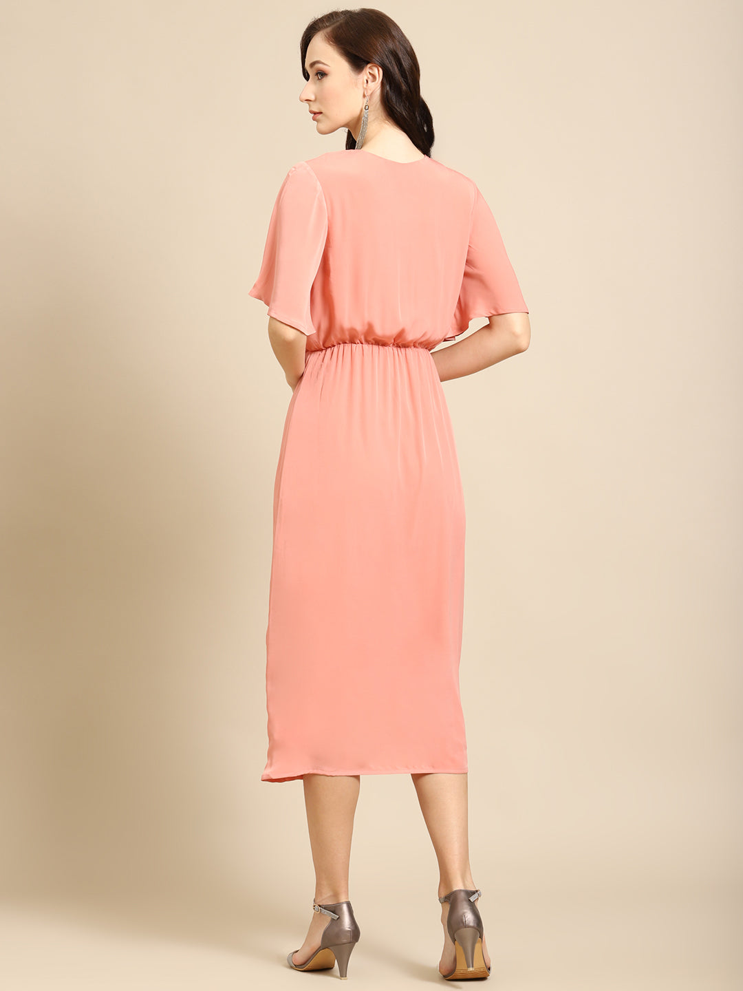 Elegant Peach Midi Dress for Women | Stylish V-Neck Tie-Waist Dress