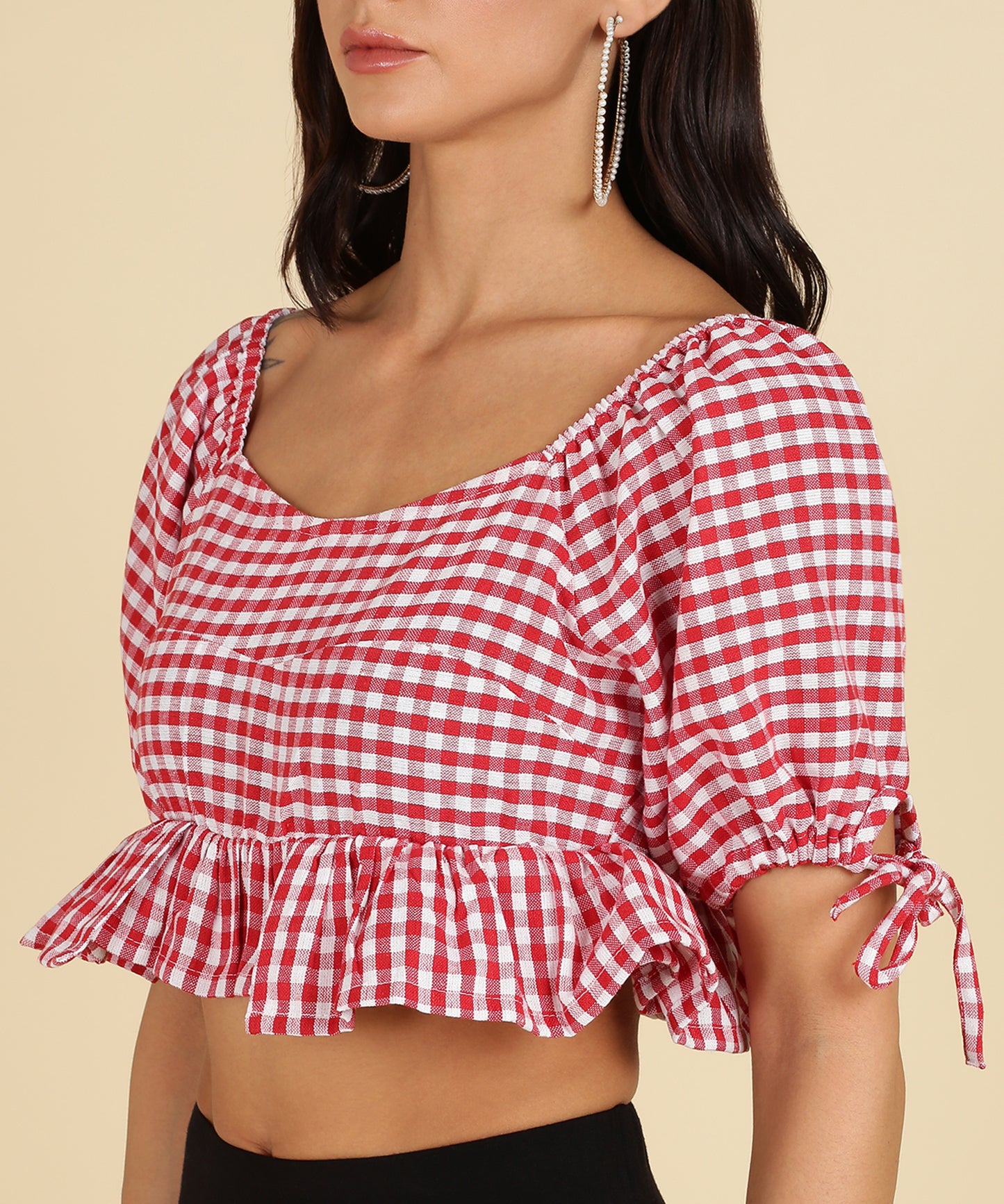 Women's Red Check Puff Sleeve Crop Top – Ruffled Hem Peplum Blouse for Summer & Casual Wear